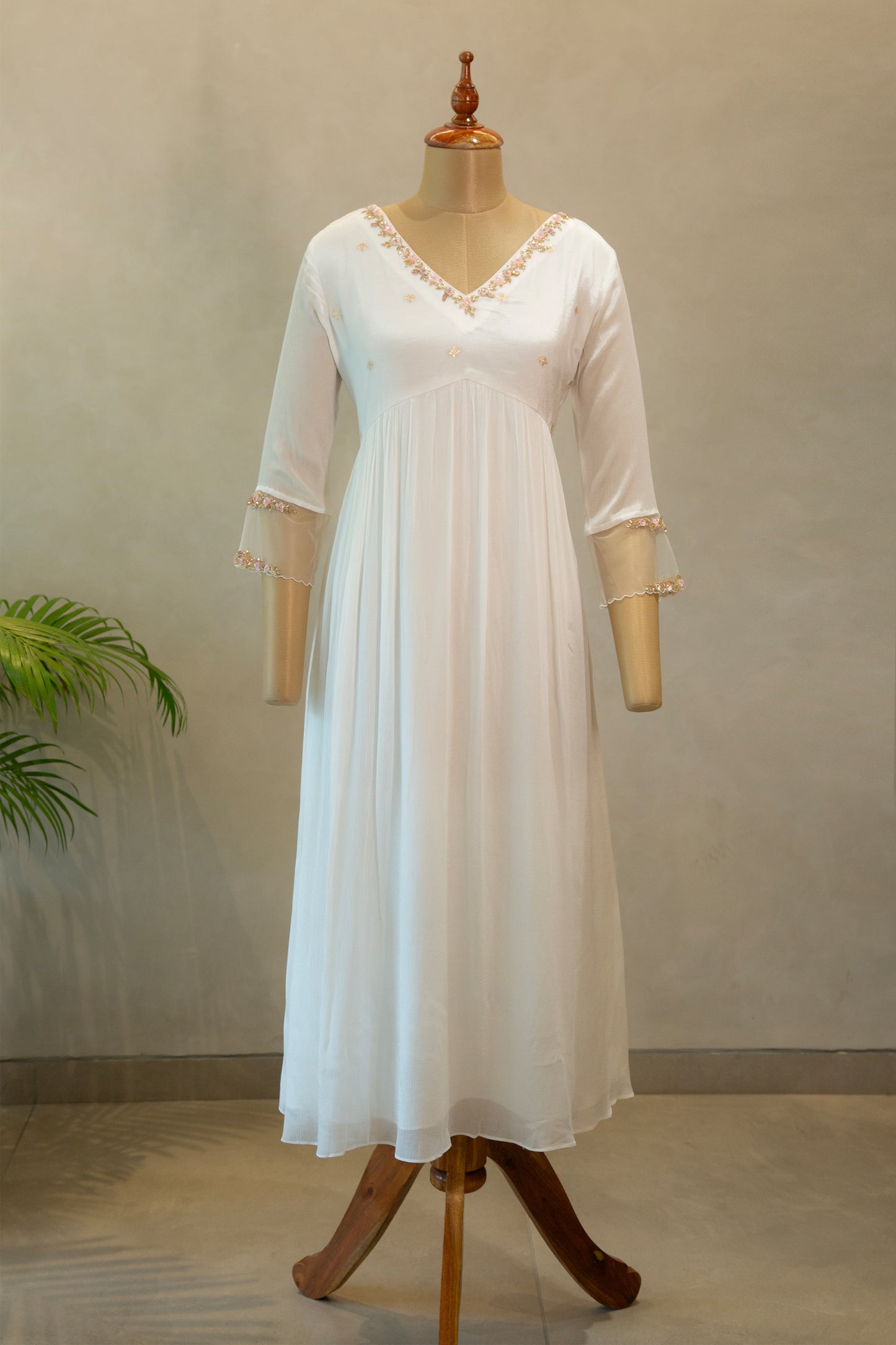 White V-Neck Embroidered Chinnon Kurthi