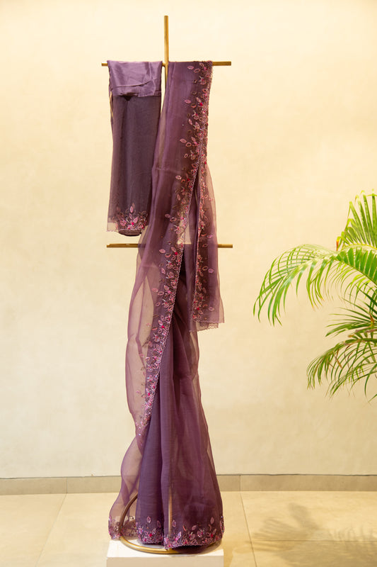 Reddish purple organza saree