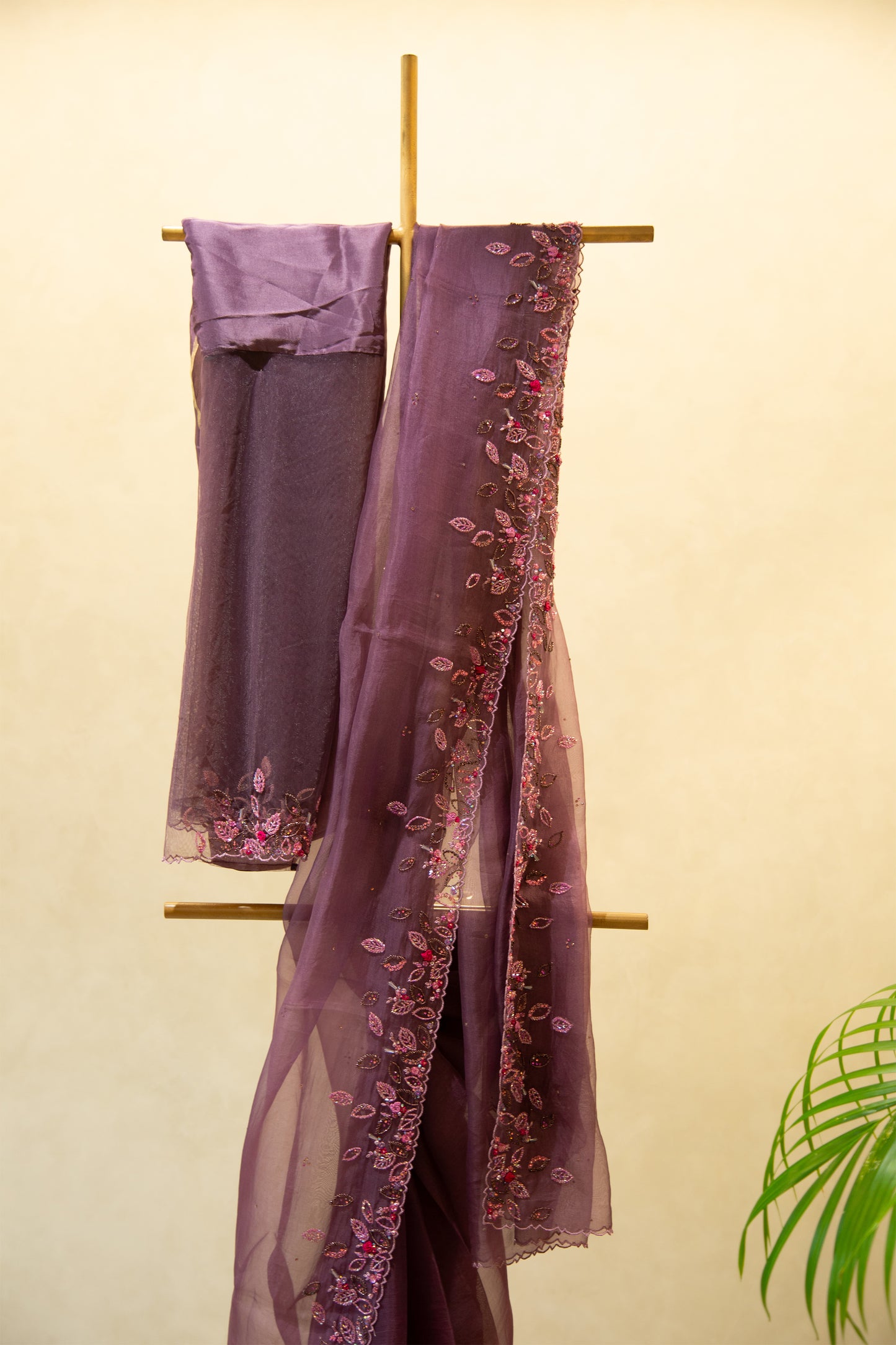 Reddish purple organza saree