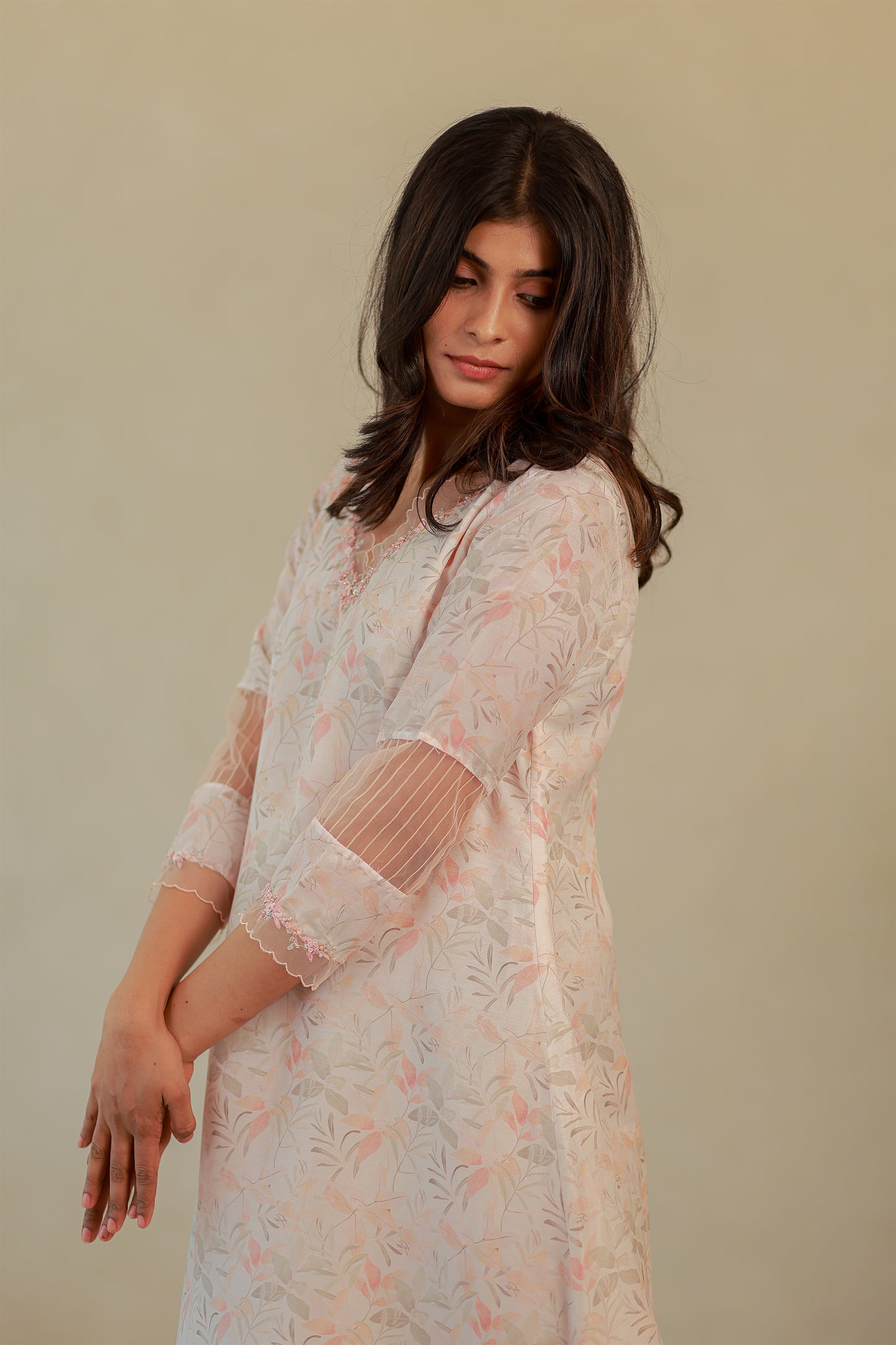 Light peach floral printed slub cotton Kurti