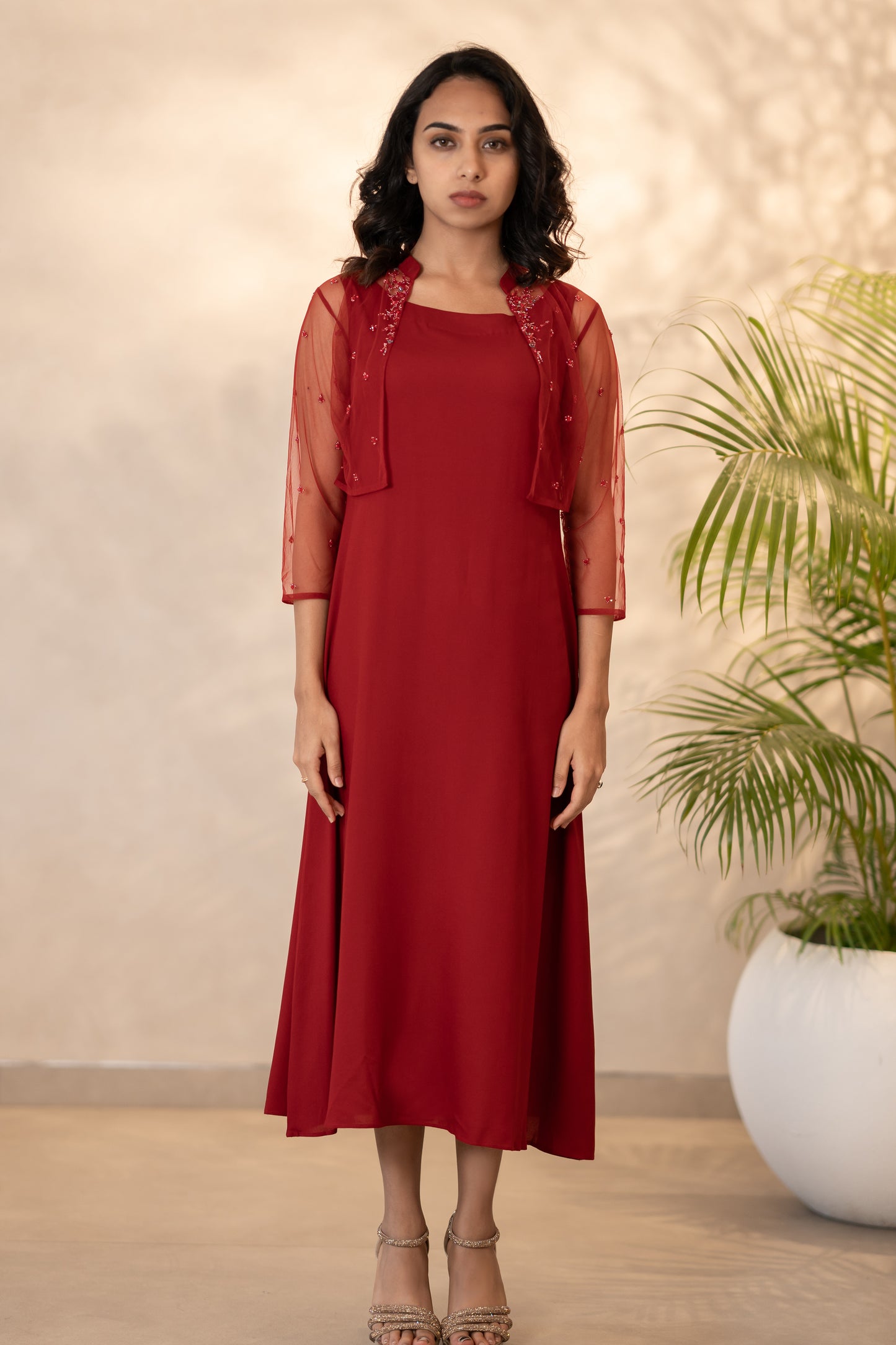 Red Rayon Kurti With Shrug