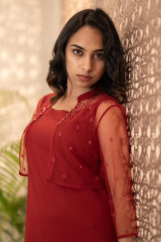 Red Rayon Kurti With Shrug