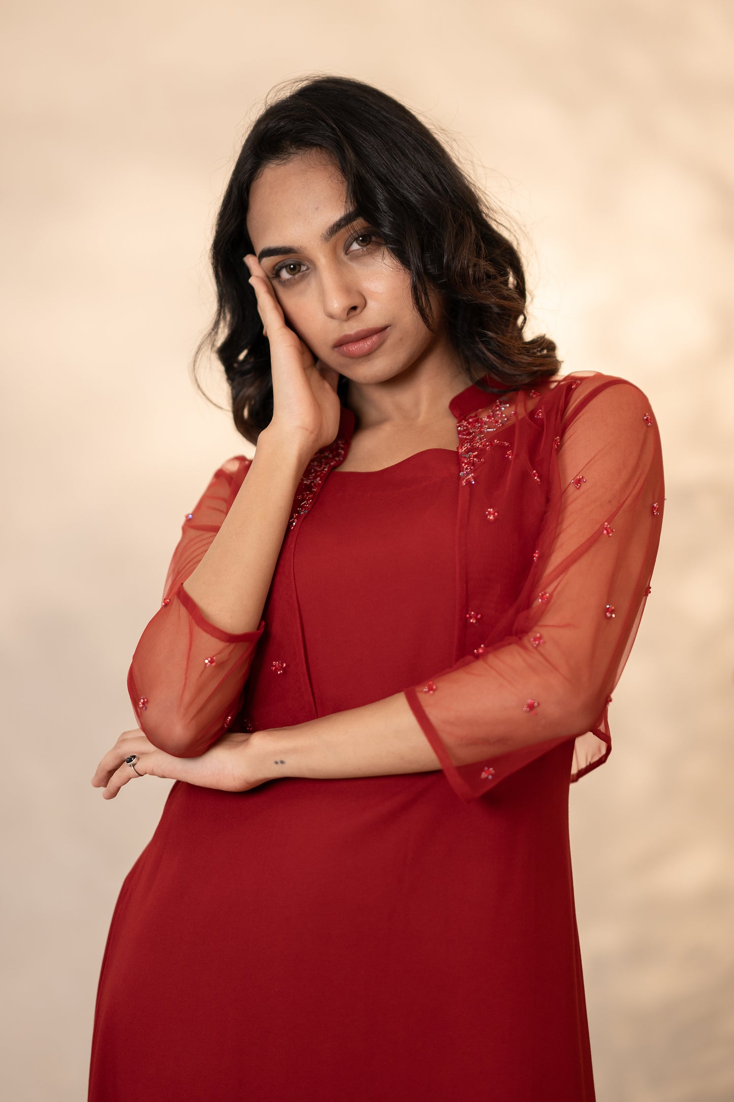 Red Rayon Kurti With Shrug