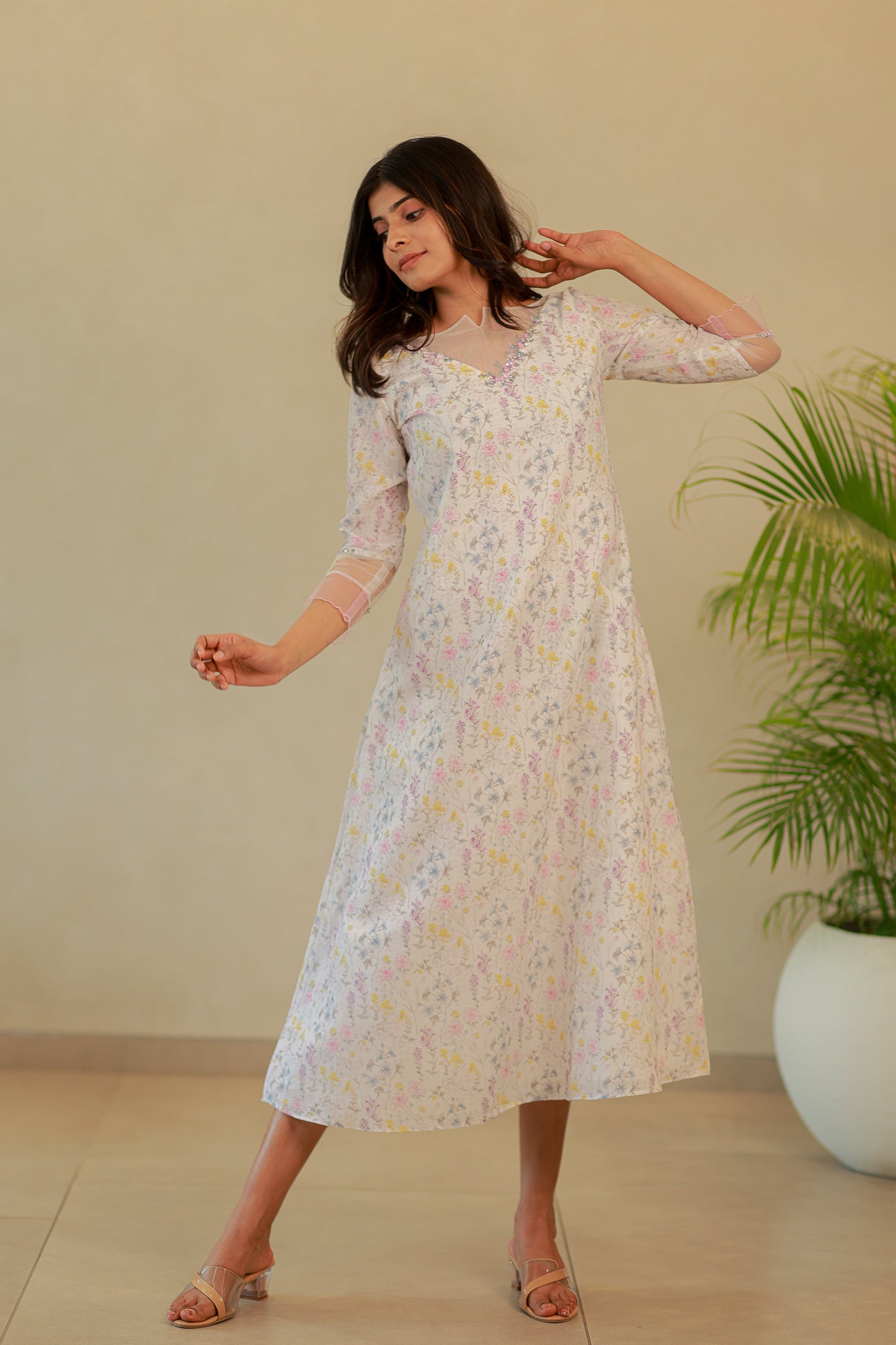 White printed Linen slub Kurti