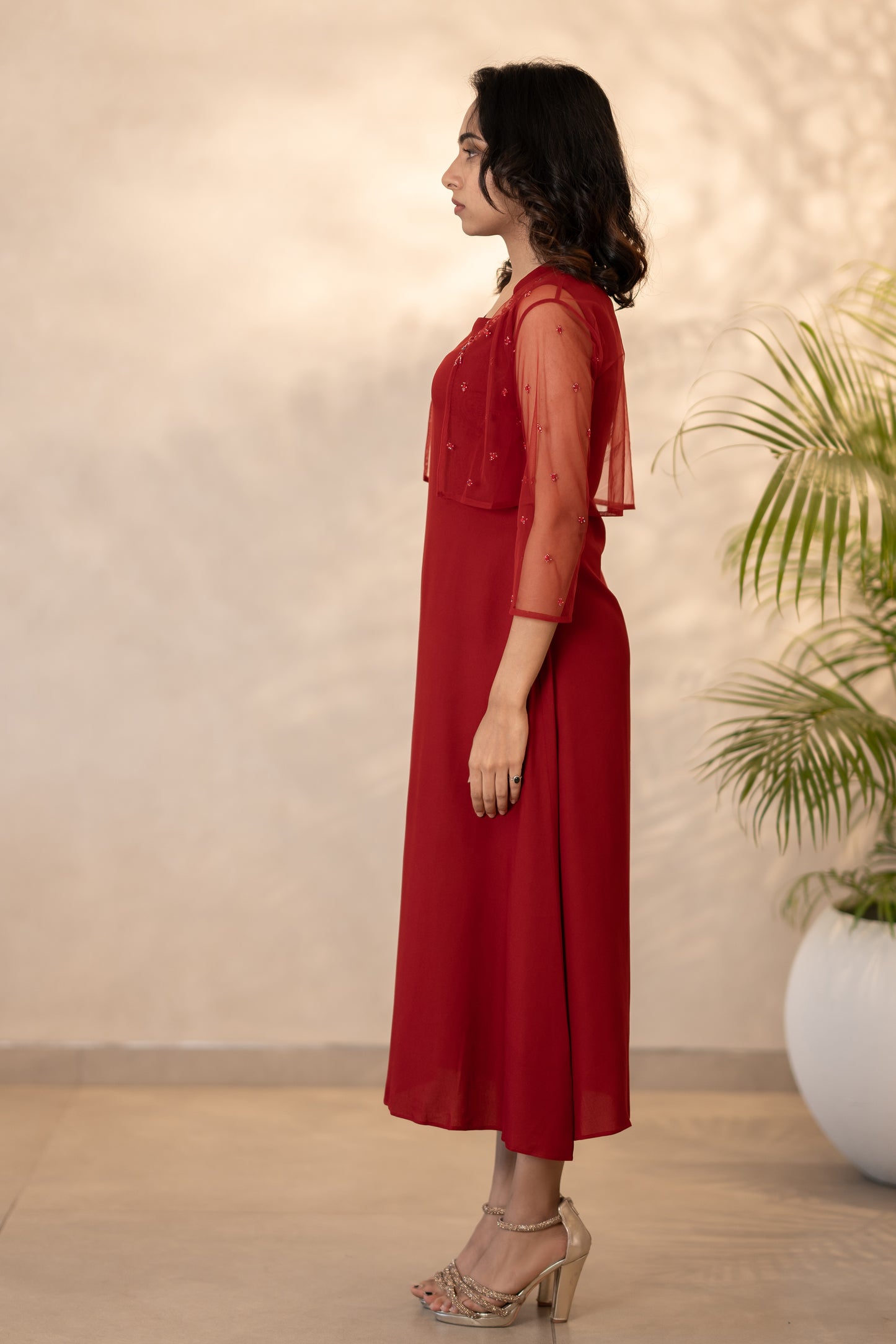 Red Rayon Kurti With Shrug