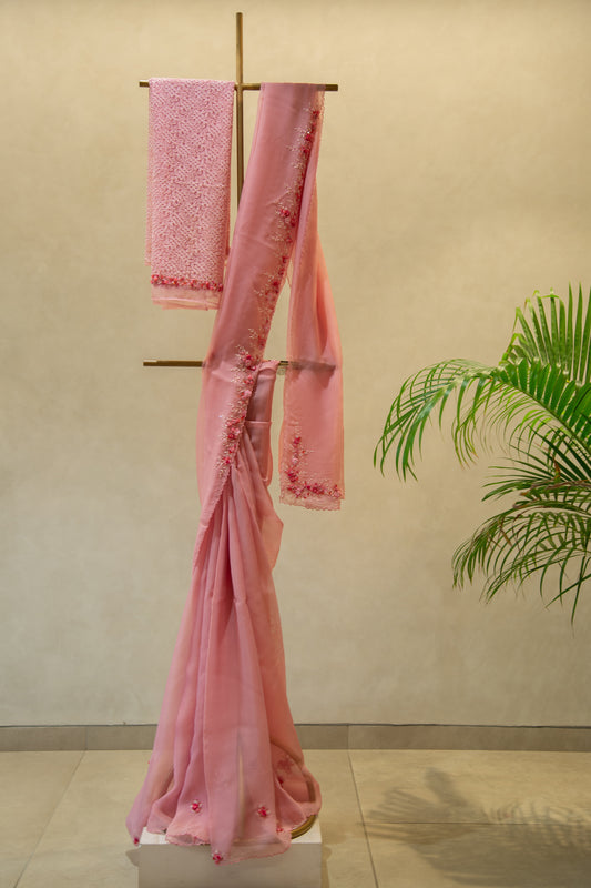 Flamingo pink organza saree