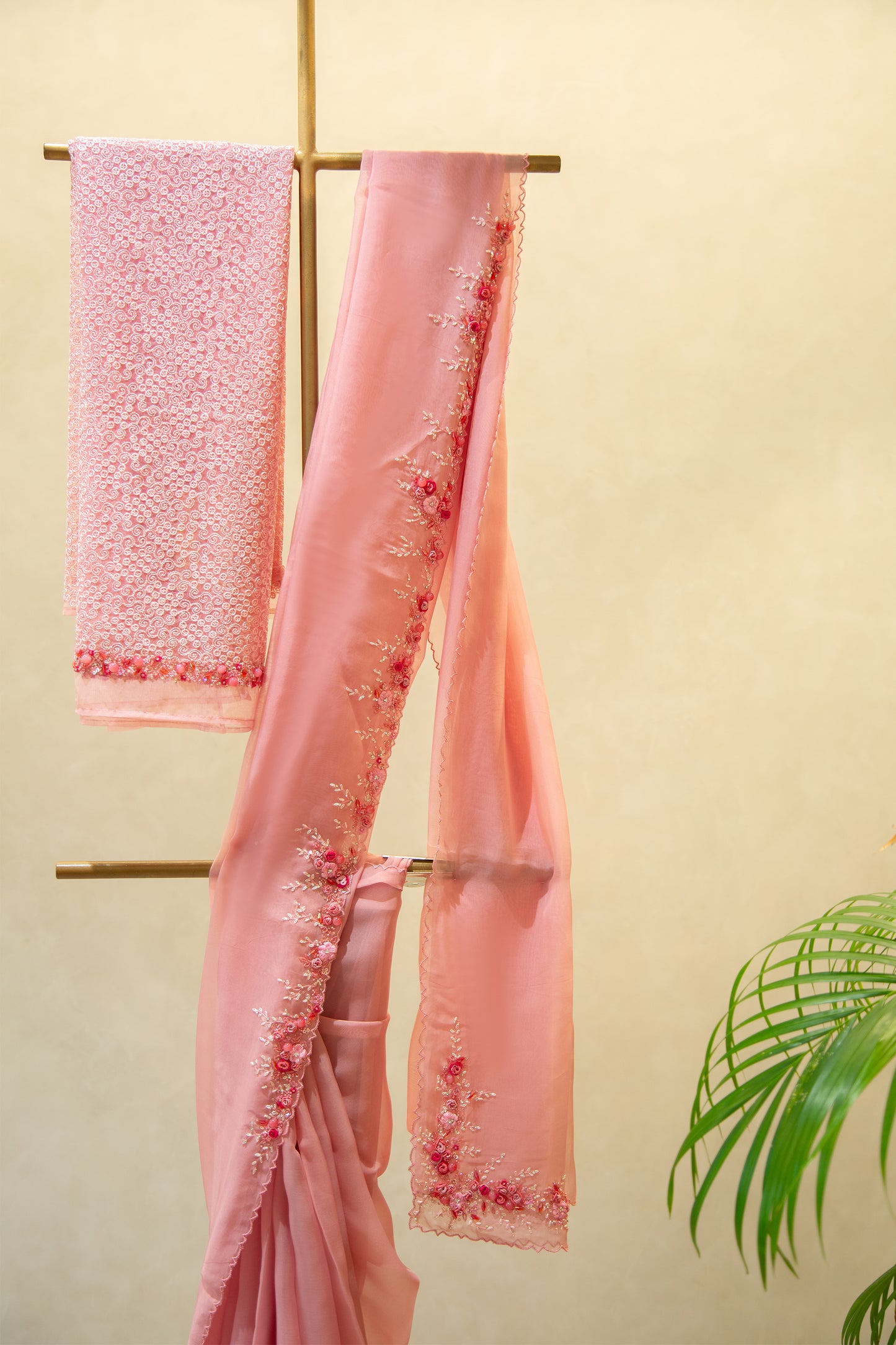 Flamingo pink organza saree