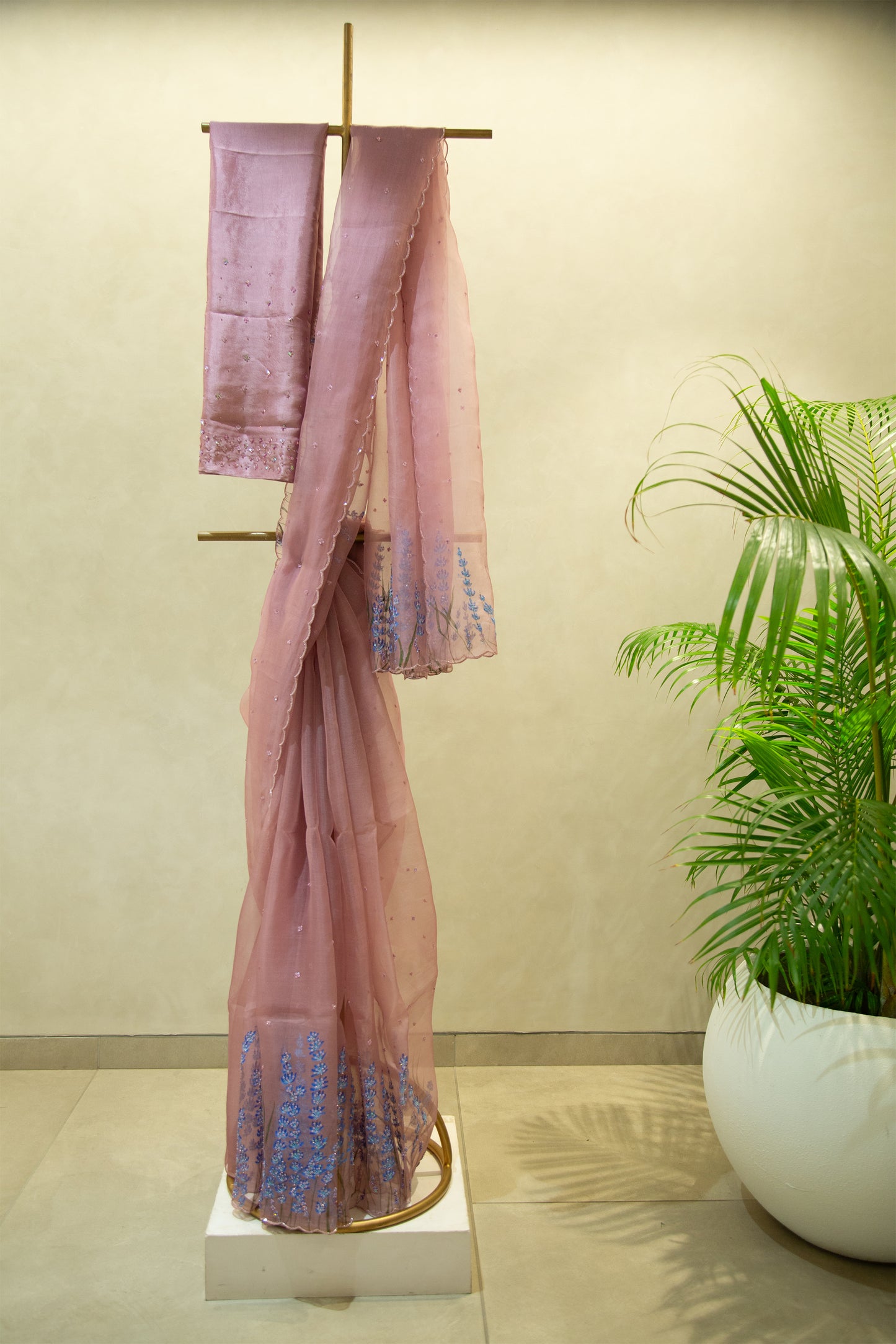 Lavander Flower Painted Organza Saree