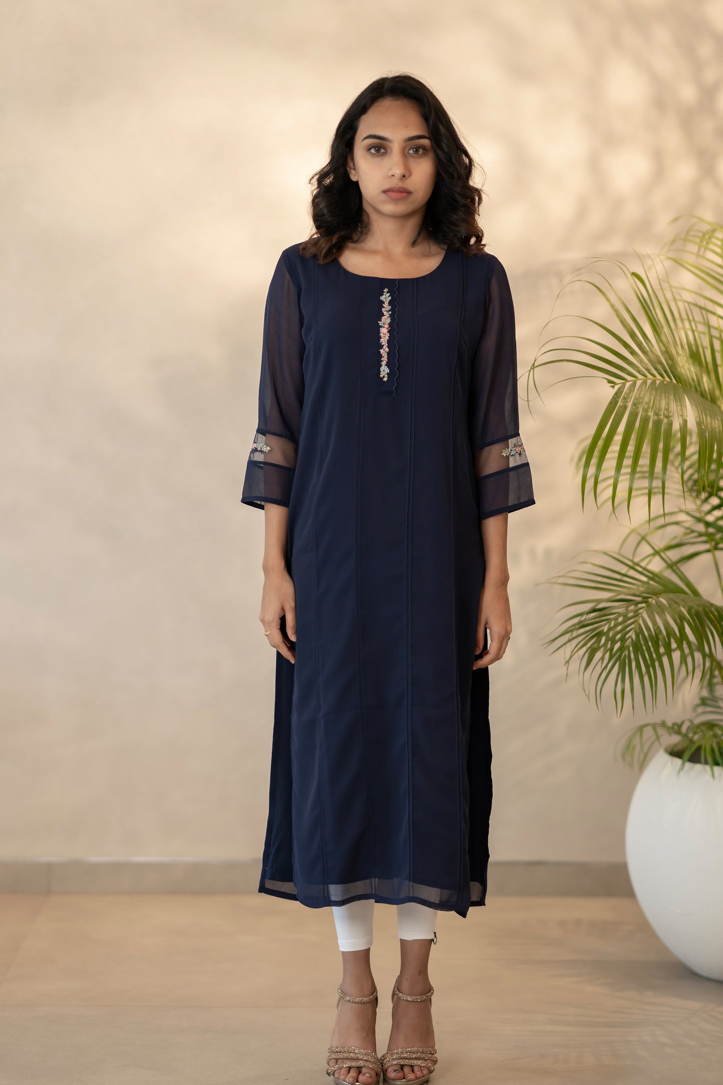 Navy Blue Hand Embroidered Kurti