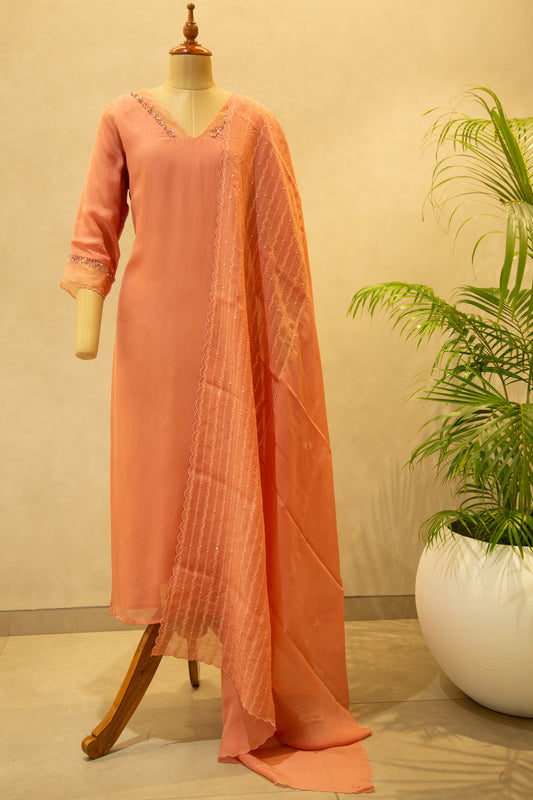 Peach Organza Hand Embroidered Semi- Stitched Salwar Set