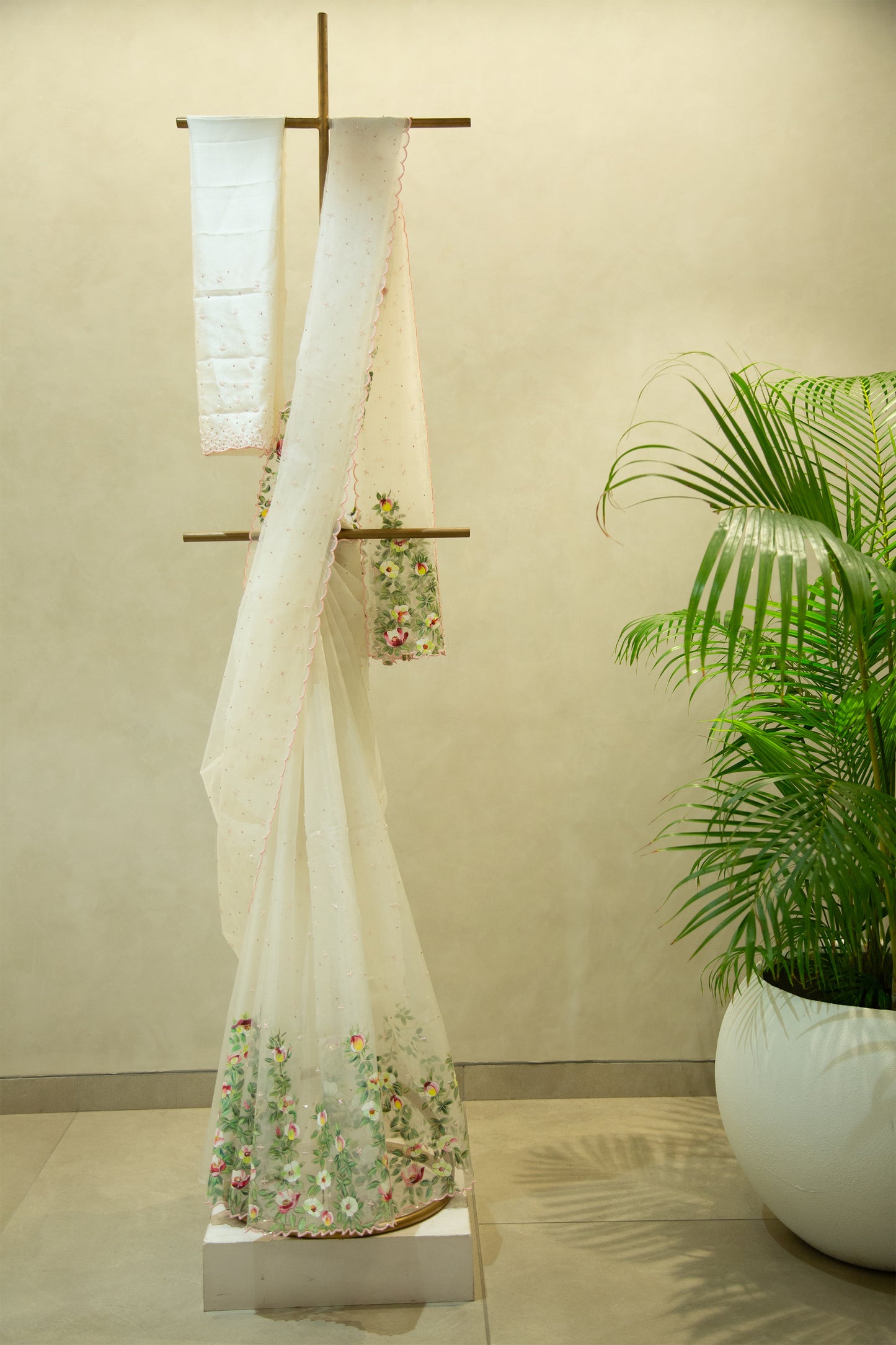 Hand Painted Off White Organza Saree