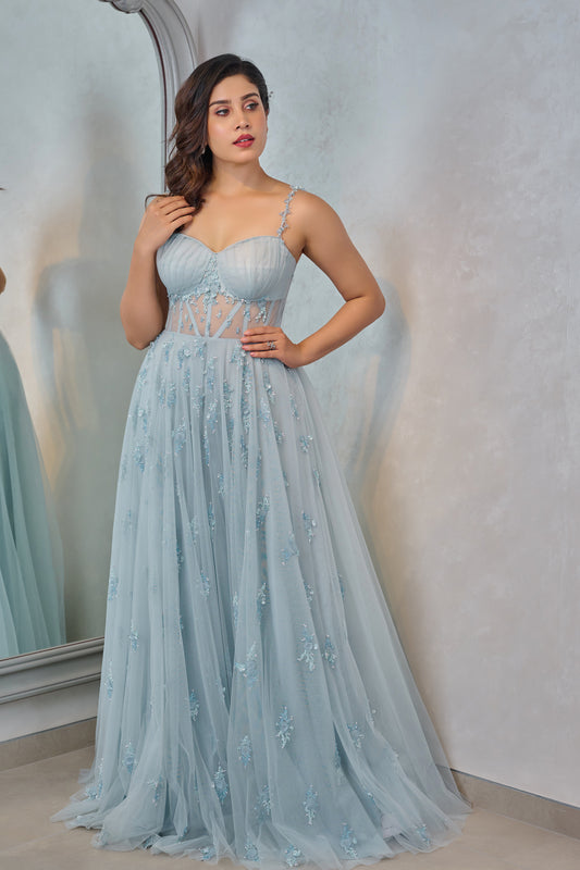 Paris blue  pearls and crystals gown