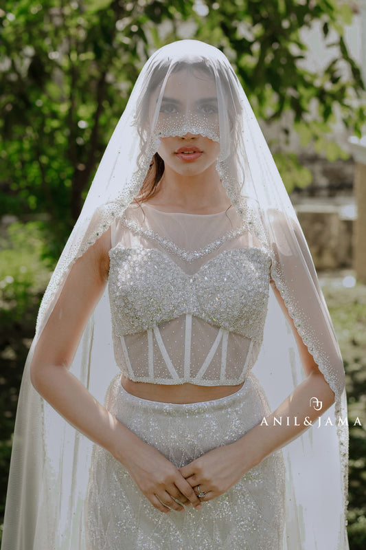 Paris white lehenga with crystals and gems