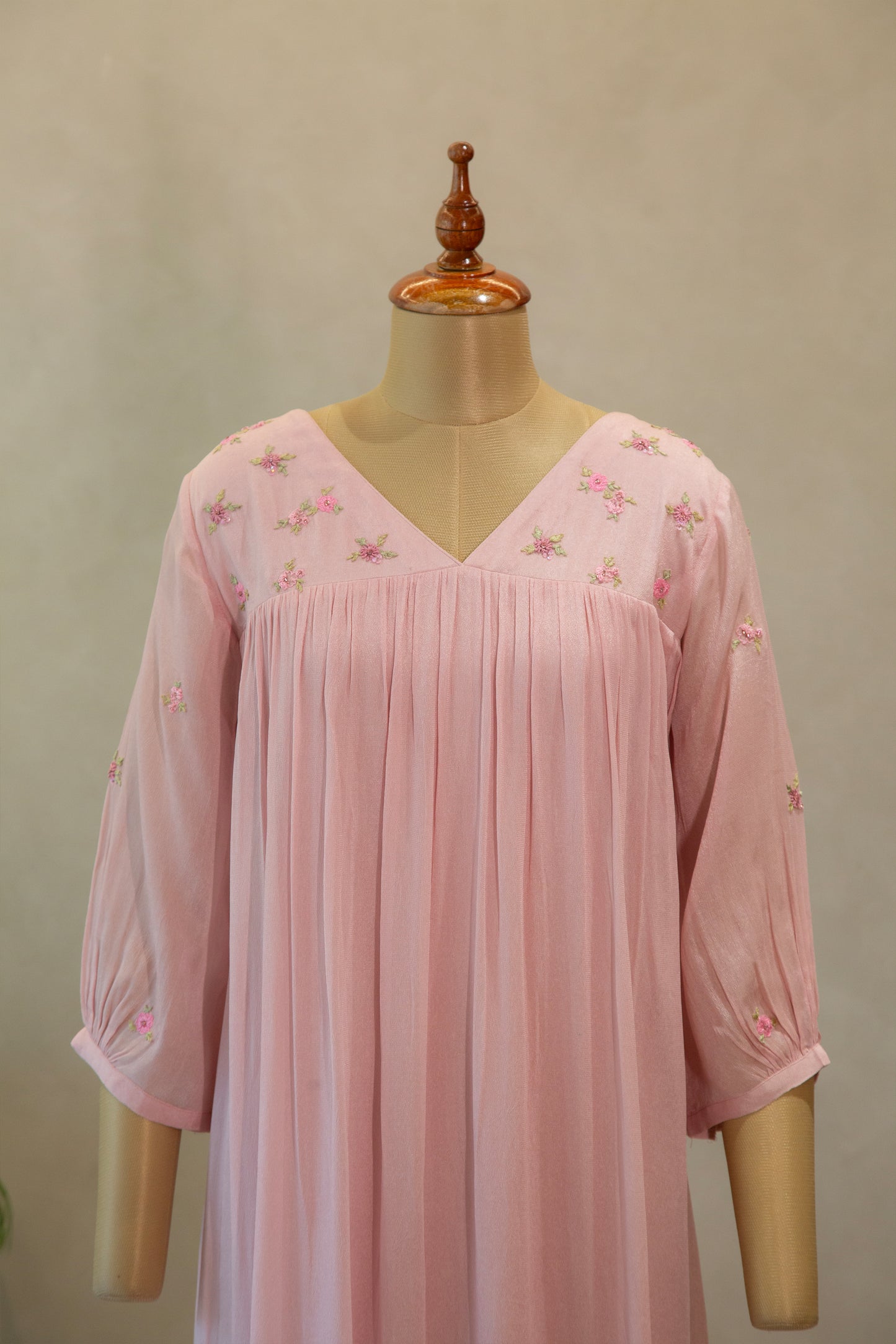 Pink Georgette V Neck Kurthi