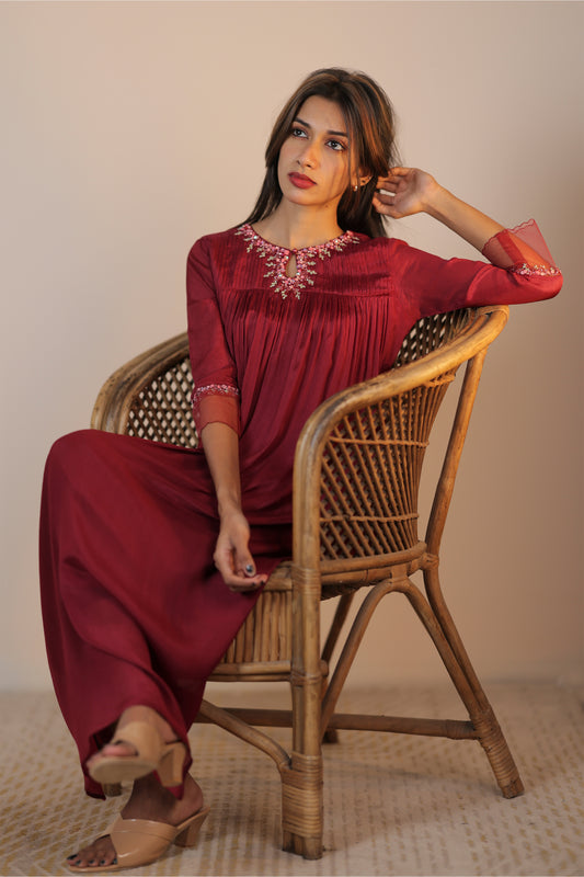 maroon chinon kurti one piece