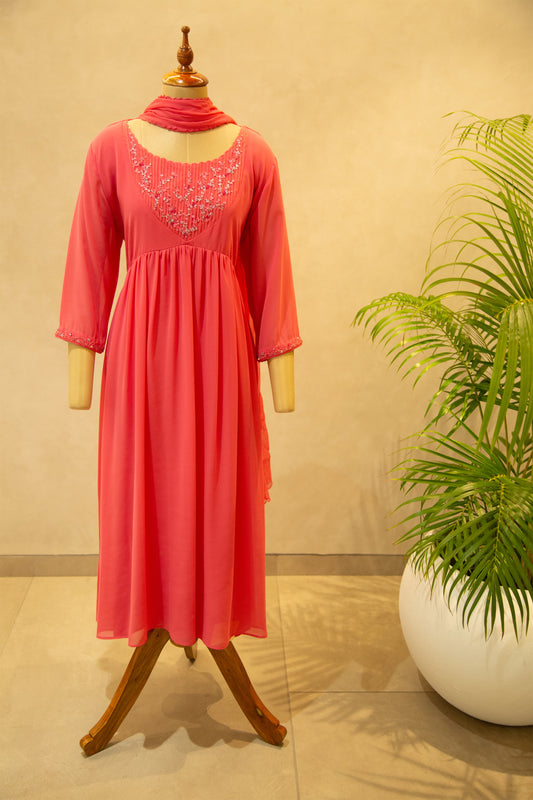 coral Pink Georgette Semi- Stitched Salwar Set