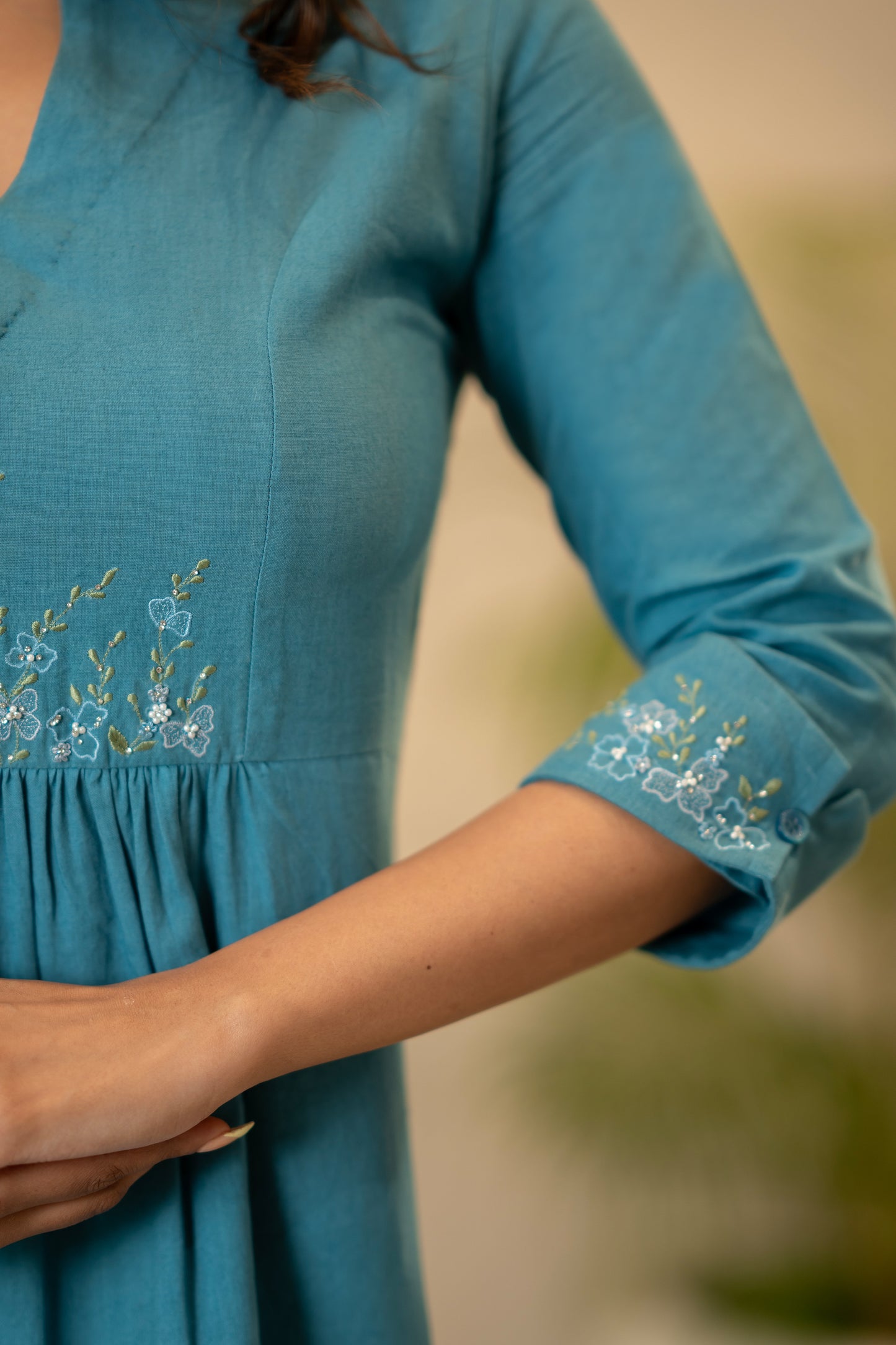 Teal Blue Handloom Cotton Kurti