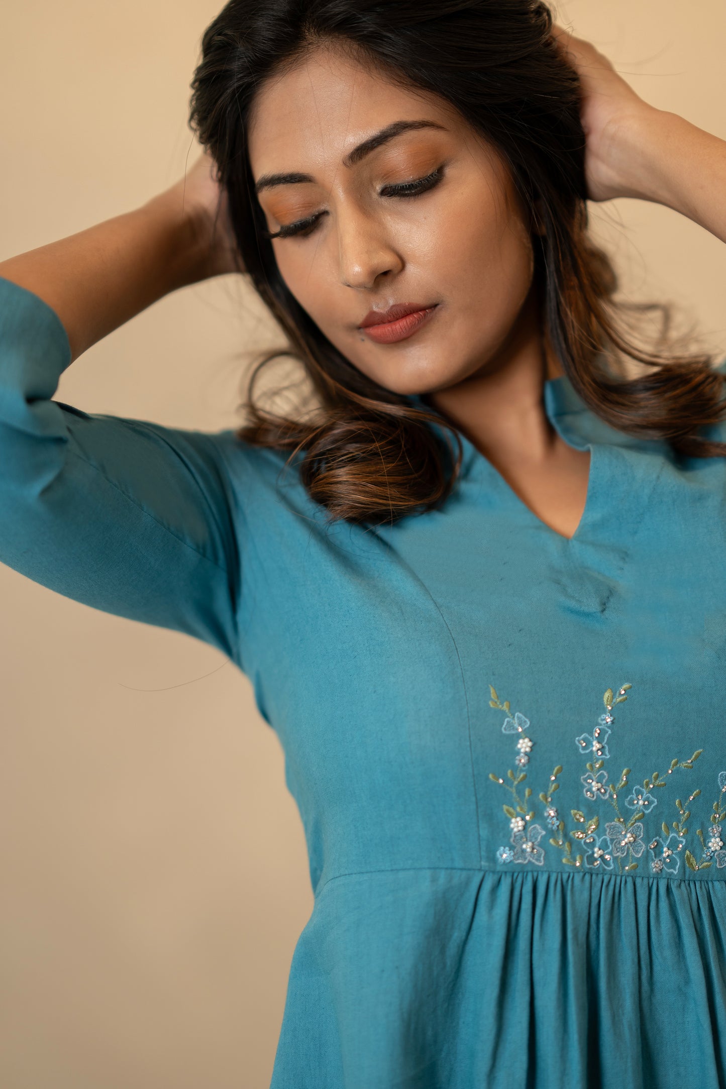 Teal Blue Handloom Cotton Kurti