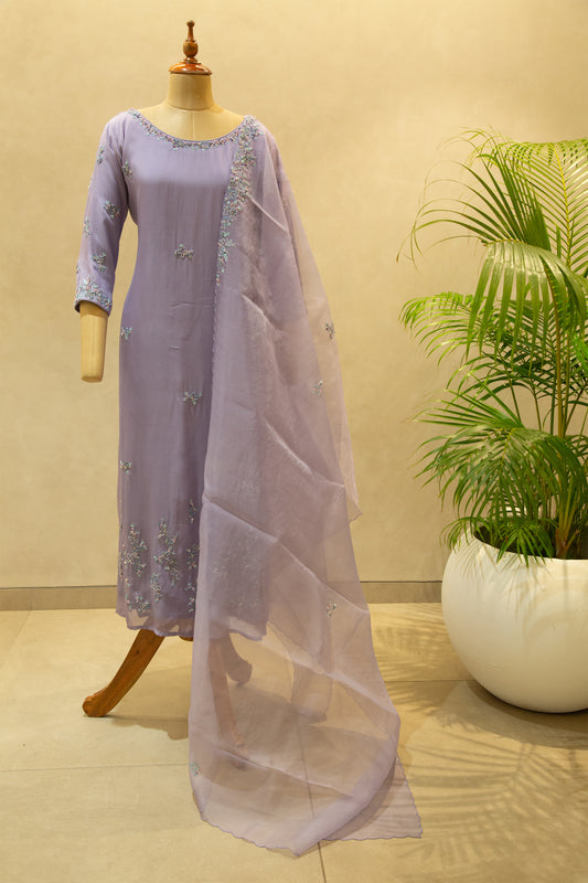 Purple  Hand Embroidered Semi- Stitched Salwar Set