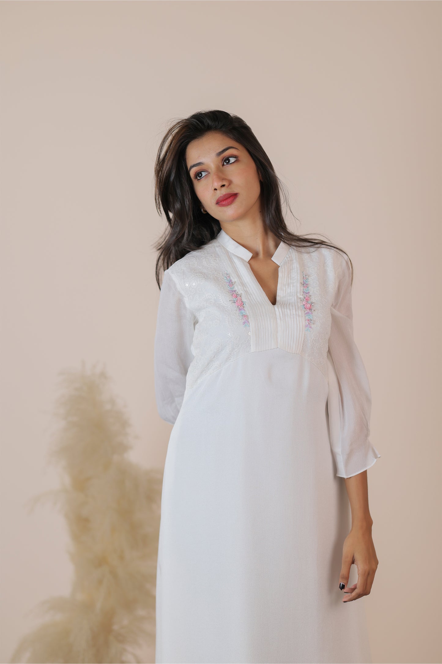 White Chinnon and Georgette Embroidery kurti