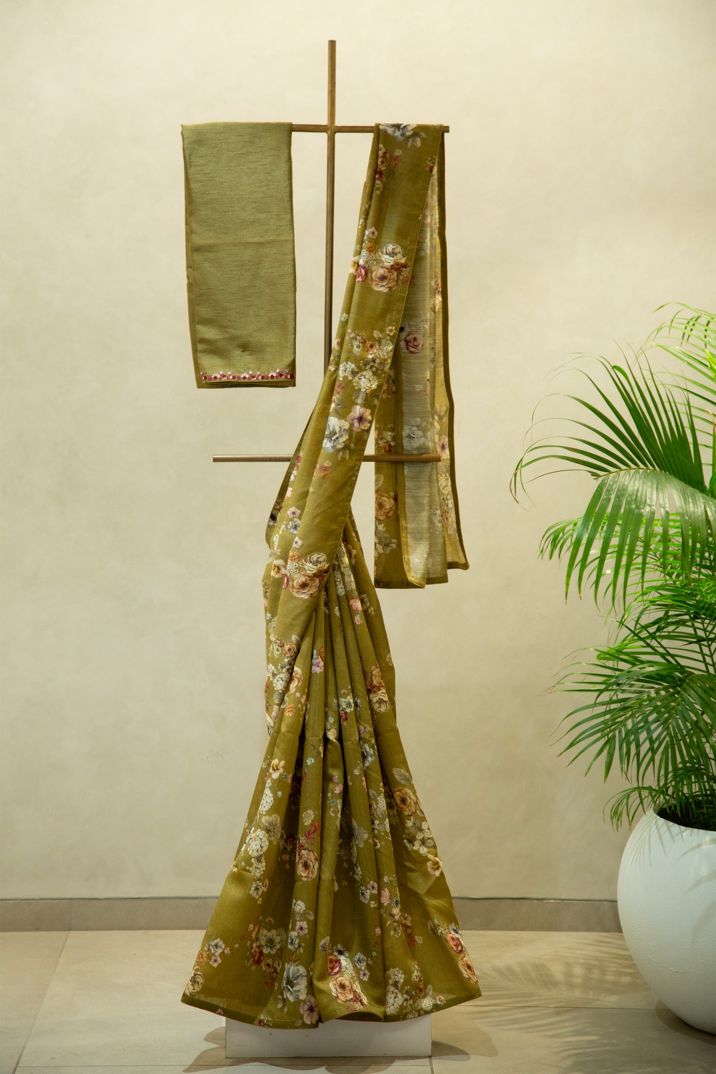 Olive Green Chanderi Printed Saree