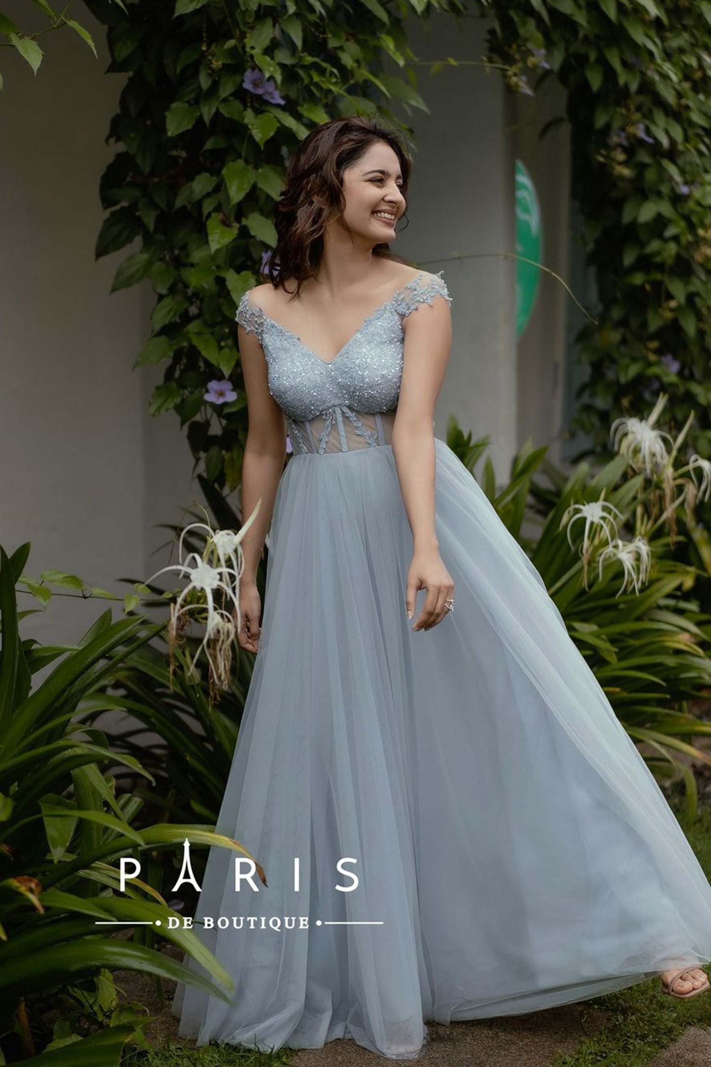 Paris blue corset gown off-shoulder cap sleeve