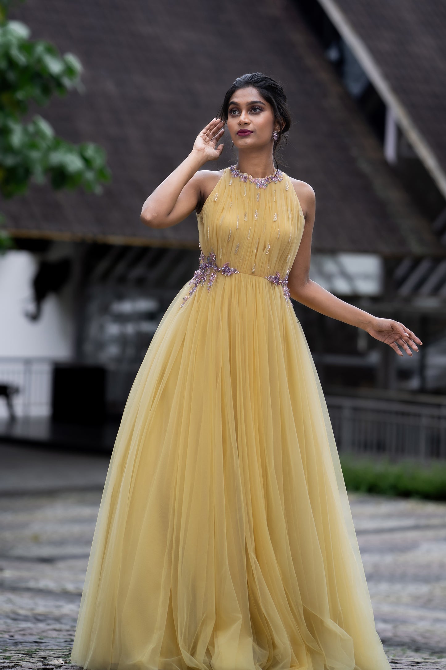 Paris Yellow Draped Gown with purple and lavender embossed crystal