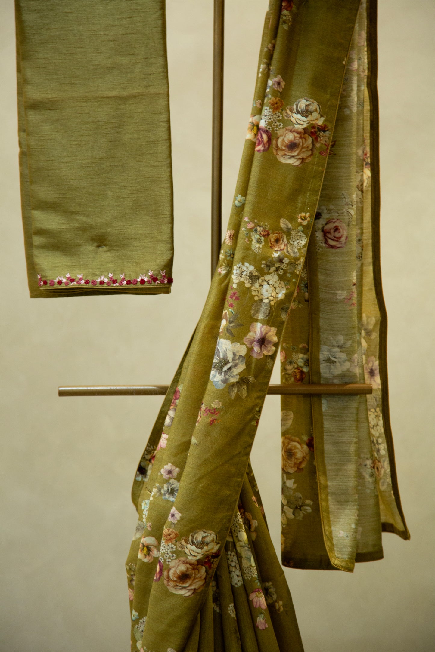 Olive Green Chanderi Printed Saree