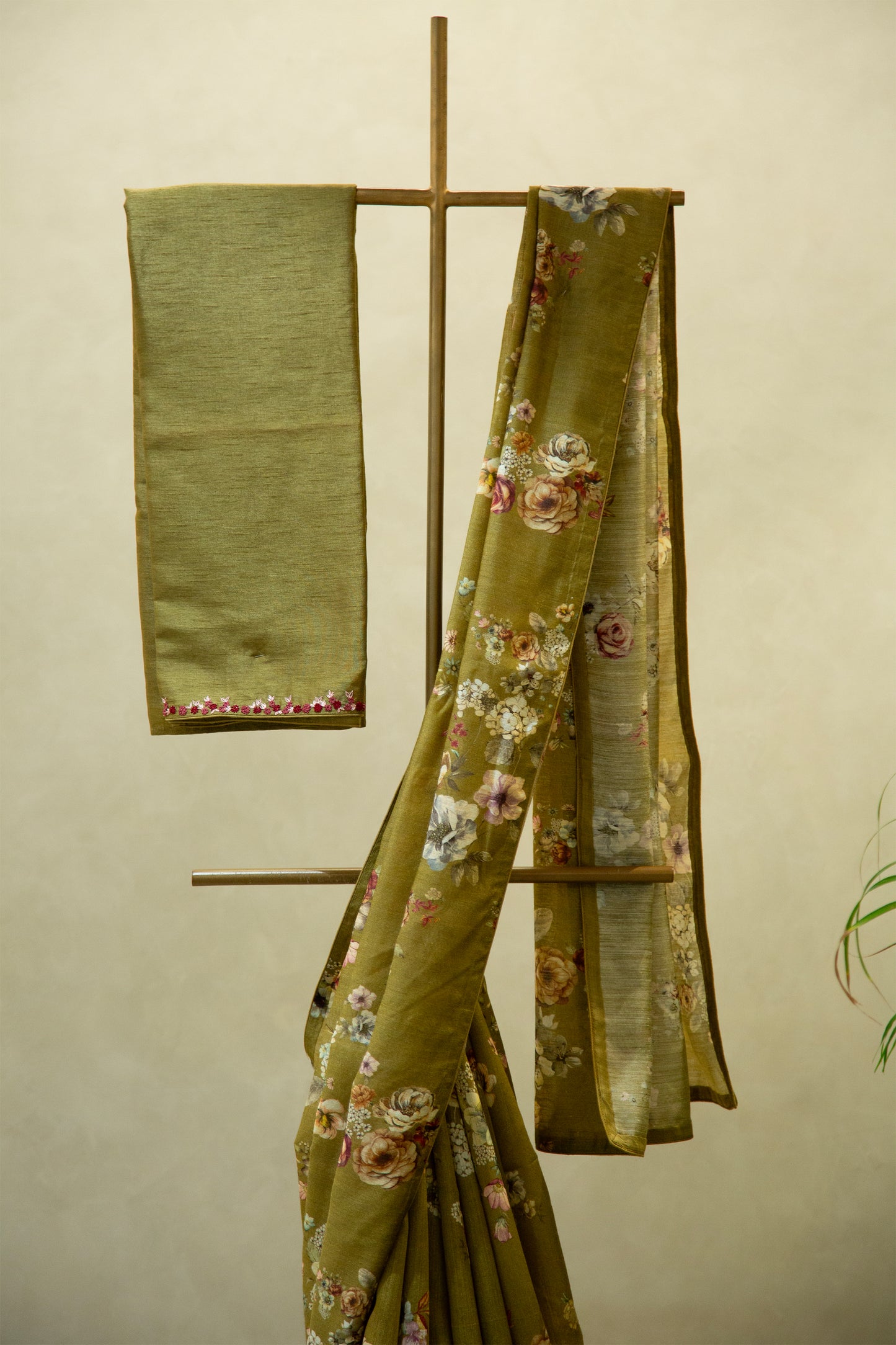 Olive Green Chanderi Printed Saree