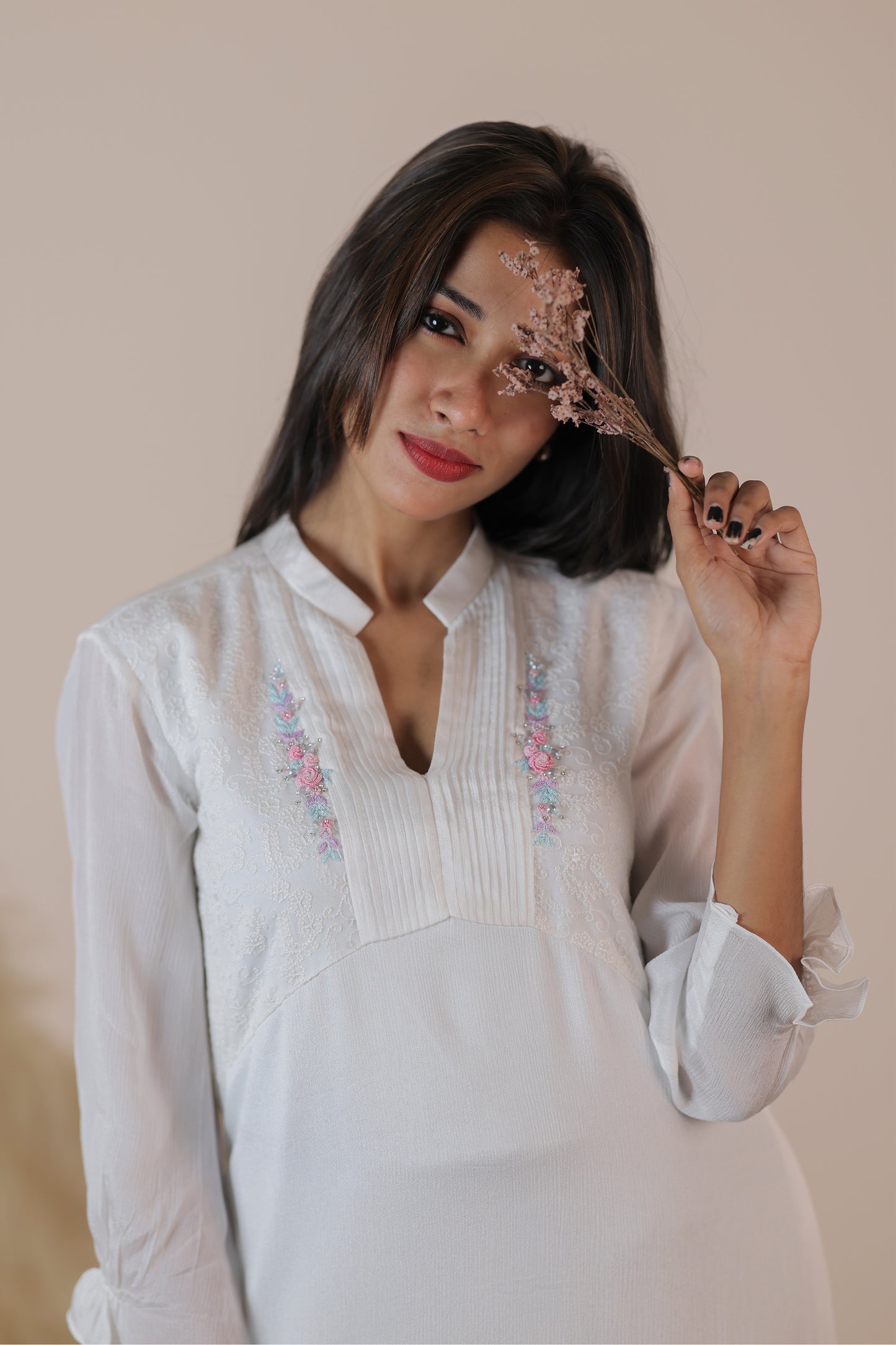 White Chinnon and Georgette Embroidery kurti