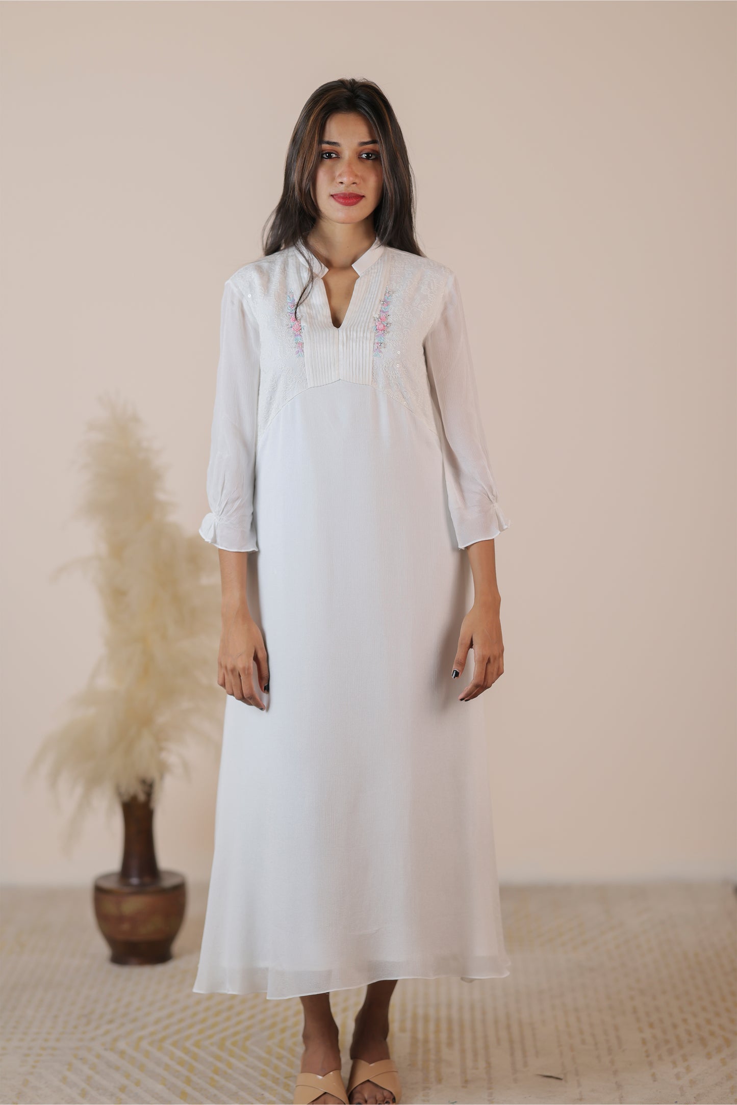 White Chinnon and Georgette Embroidery kurti