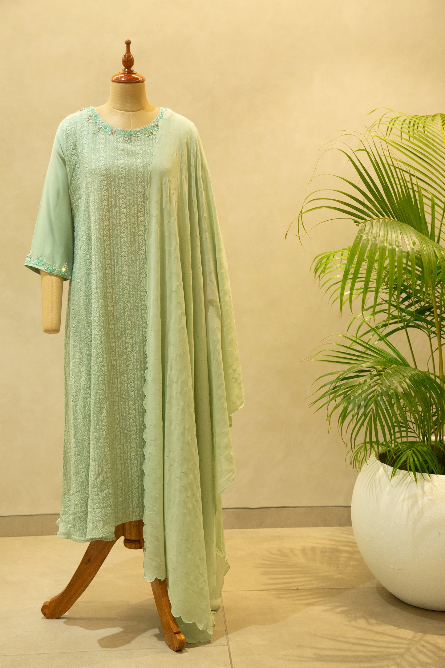 Sage Green Hand Embroidered Semi- Stitched Salwar Set