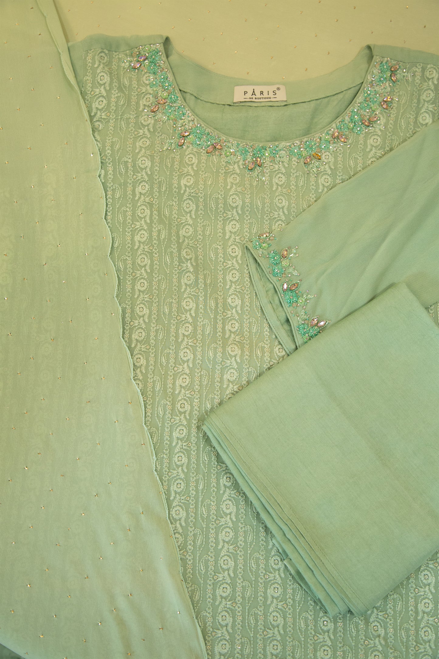 Sage Green Hand Embroidered Semi- Stitched Salwar Set