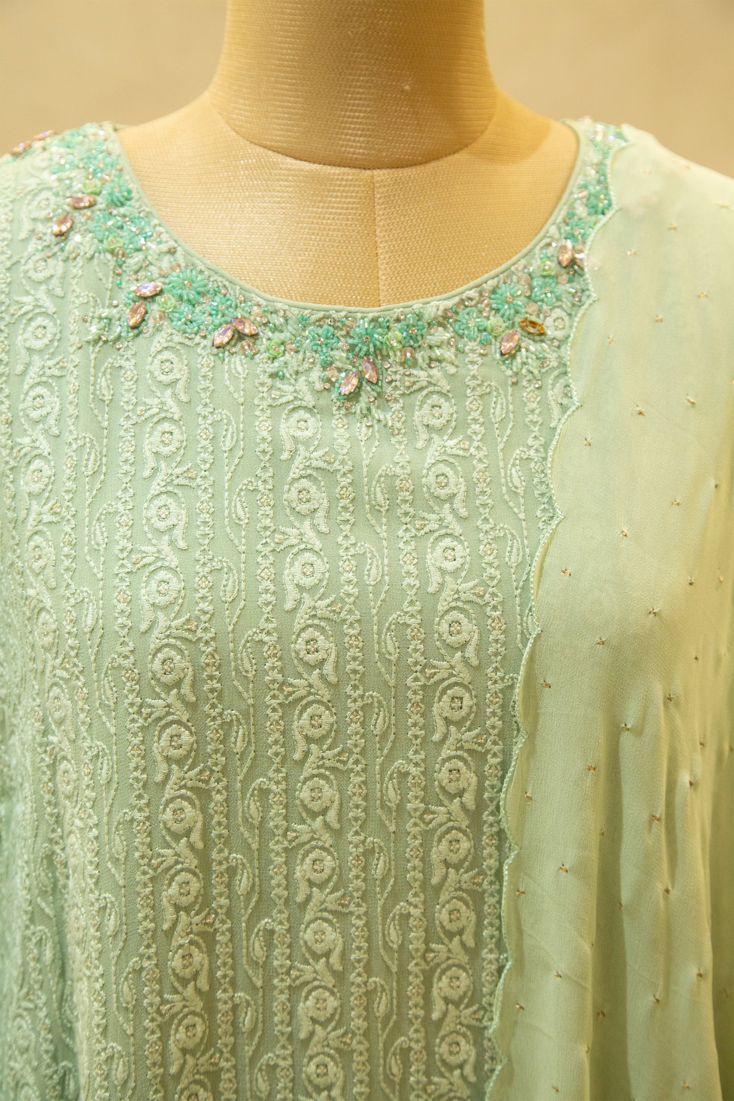 Sage Green Hand Embroidered Semi- Stitched Salwar Set