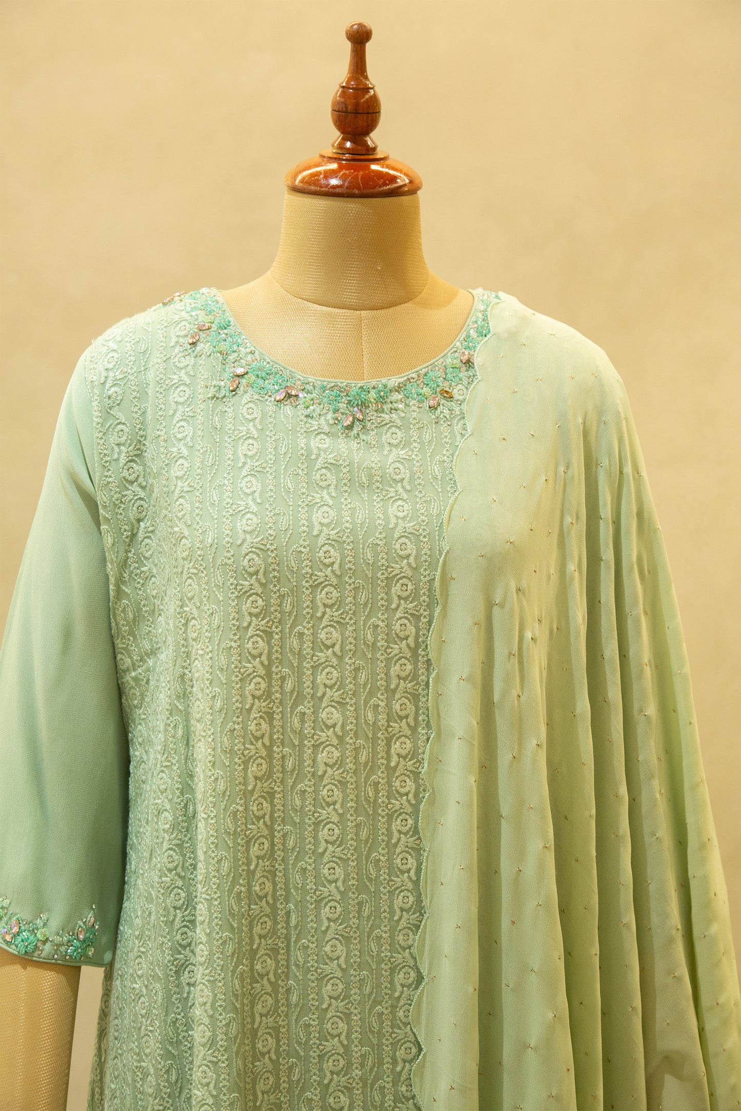 Sage Green Hand Embroidered Semi- Stitched Salwar Set