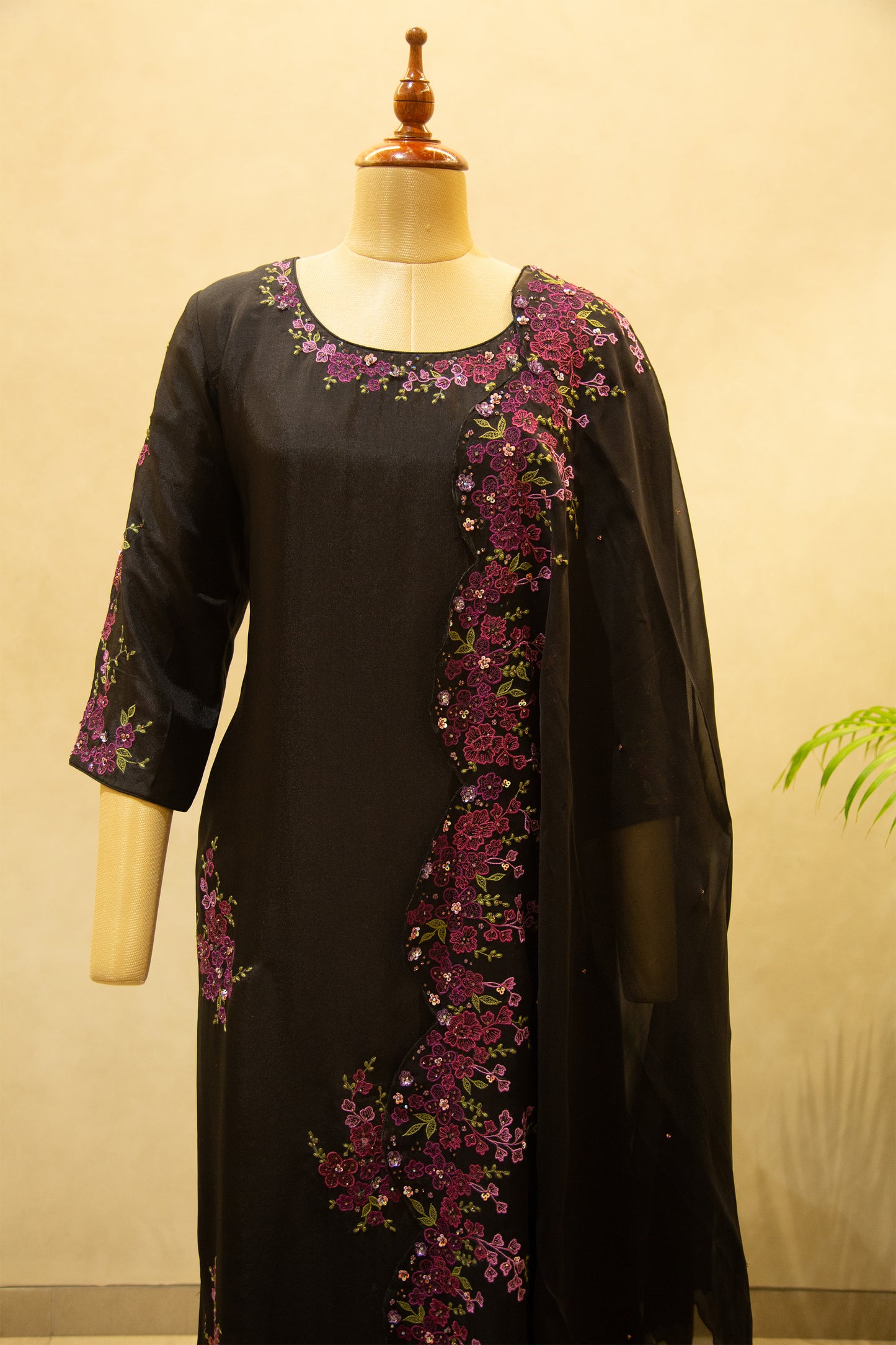 Embroidered Black Semi- Stitched Salwar Set