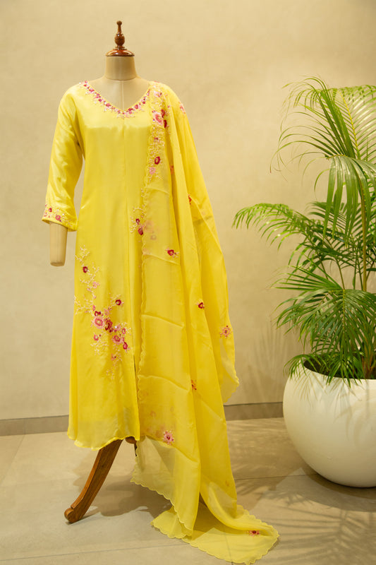 Yellow Upada Silk Semi- Stitched Salwar Set