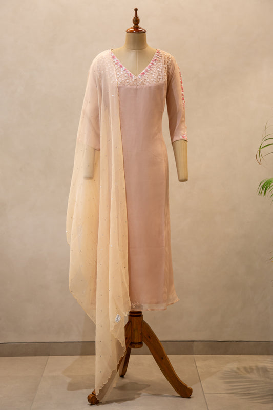 Peach Viscose Organza Semi Stitched Salwar Set