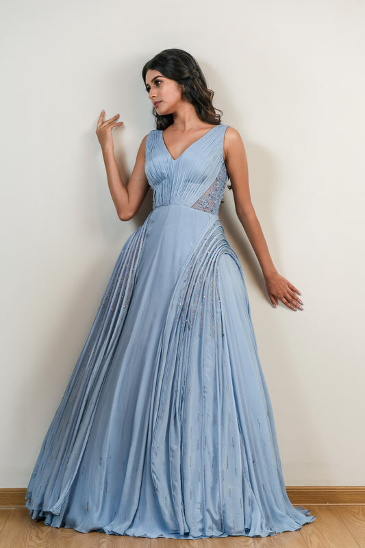 Paris Steel blue draped gown