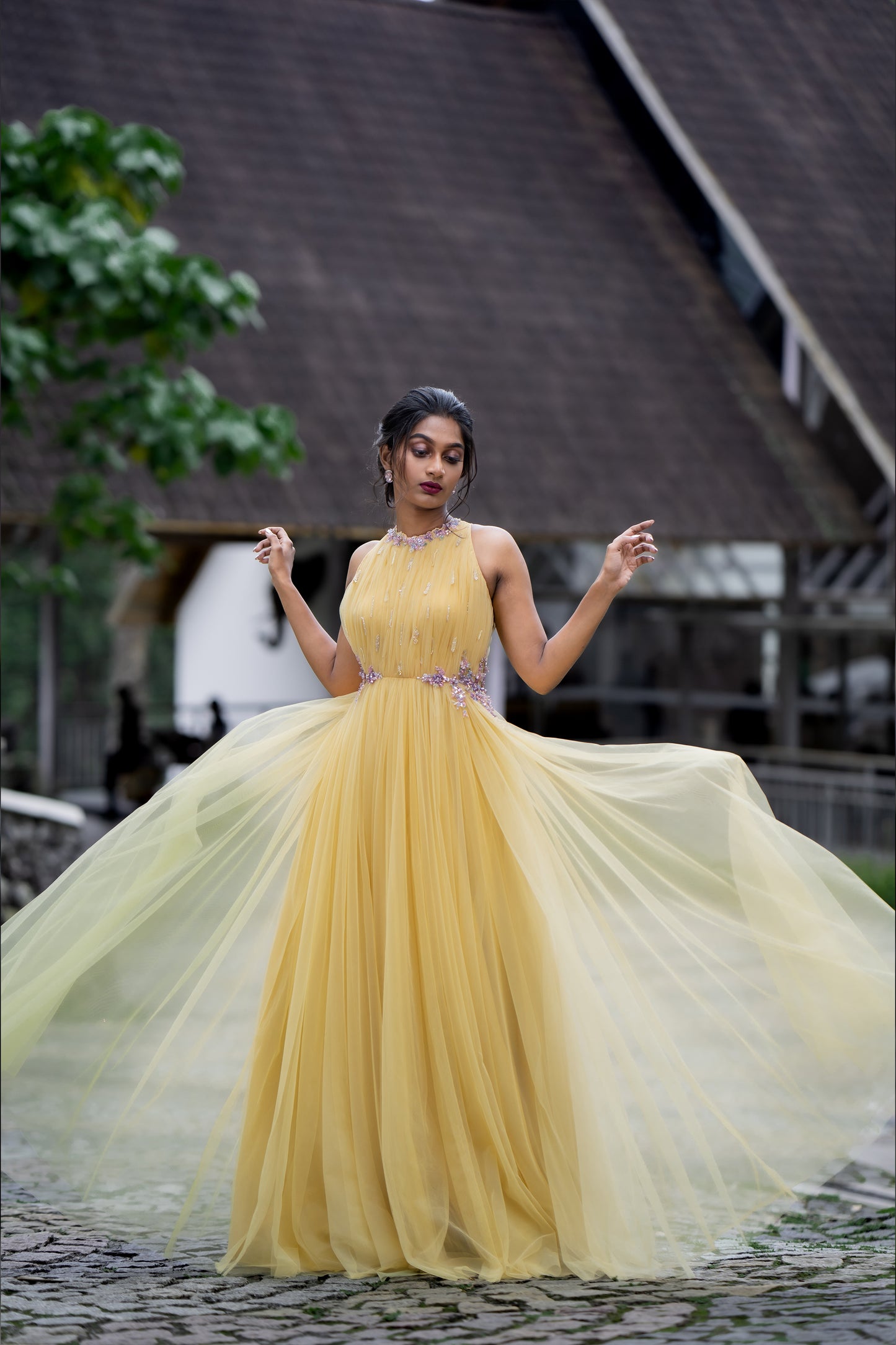 Paris Yellow Draped Gown with purple and lavender embossed crystal