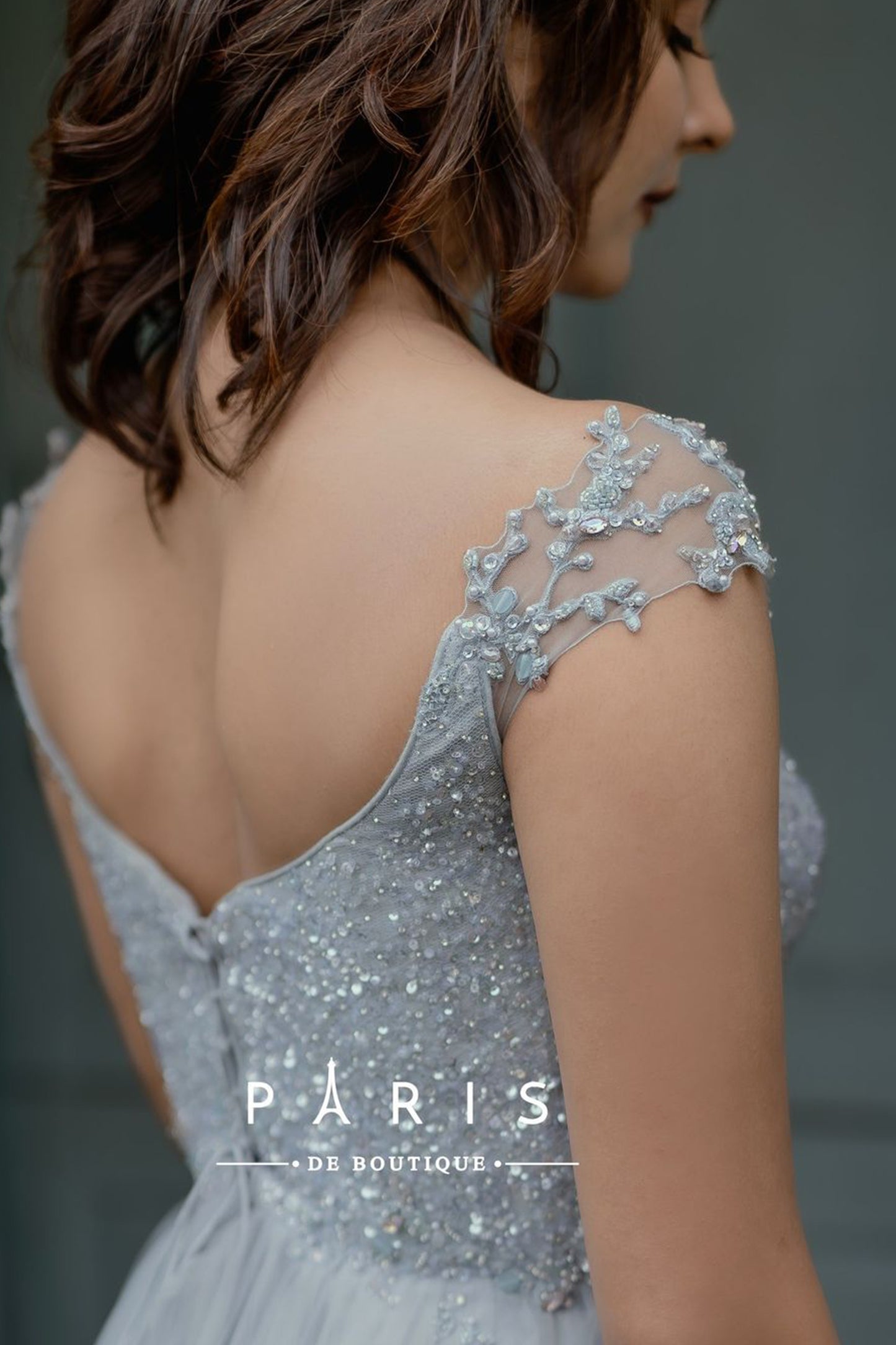 Paris blue corset gown off-shoulder cap sleeve