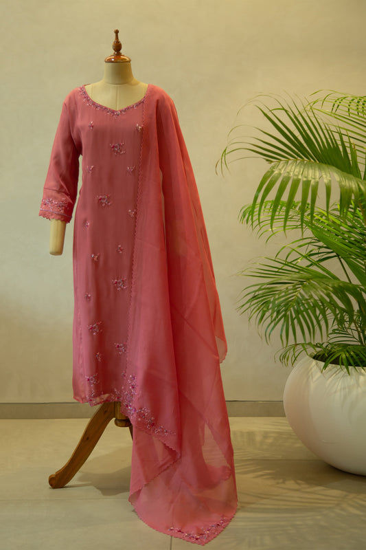 Floral Hand Embroidered Semi- Stitched Salwar Set