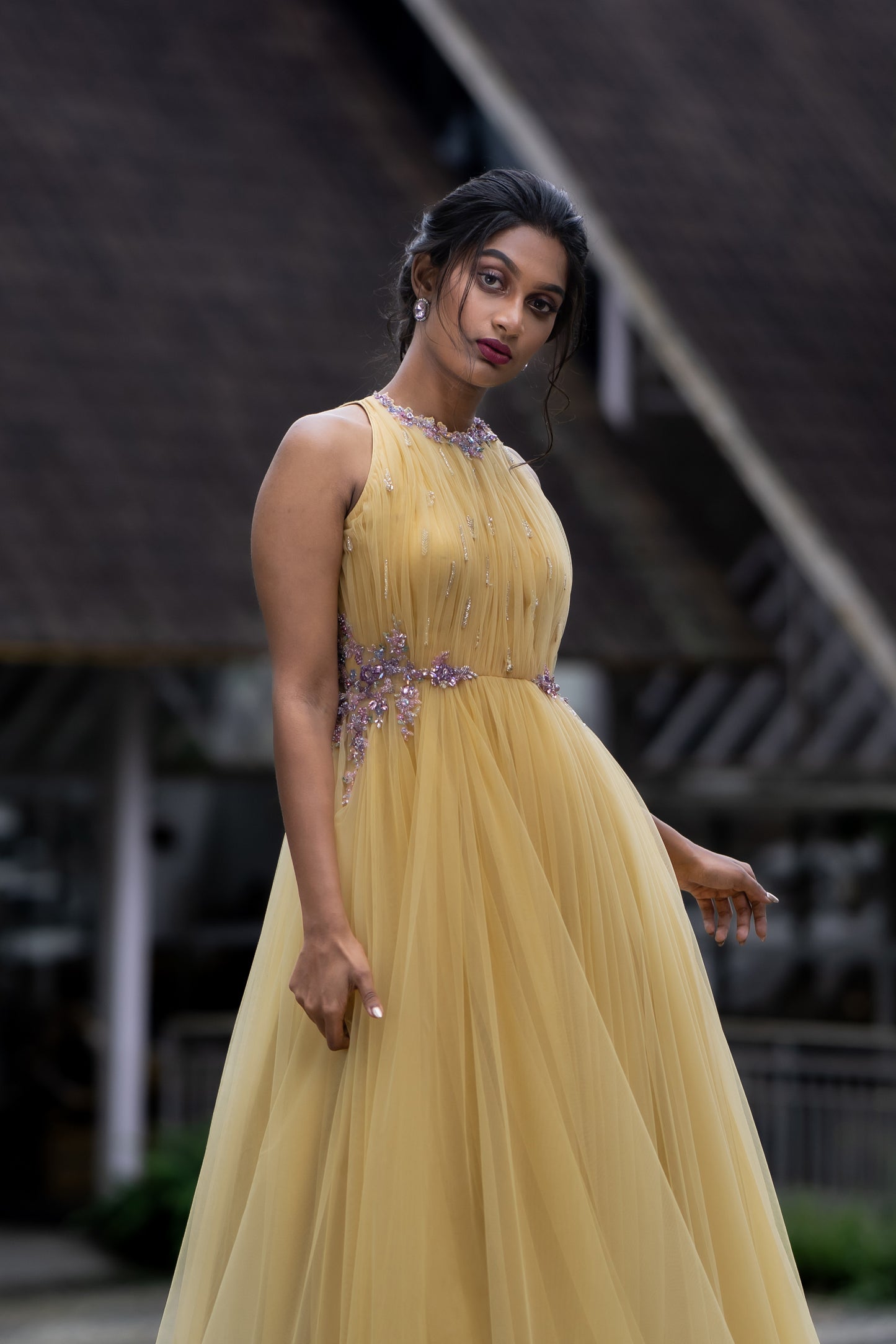 Paris Yellow Draped Gown with purple and lavender embossed crystal