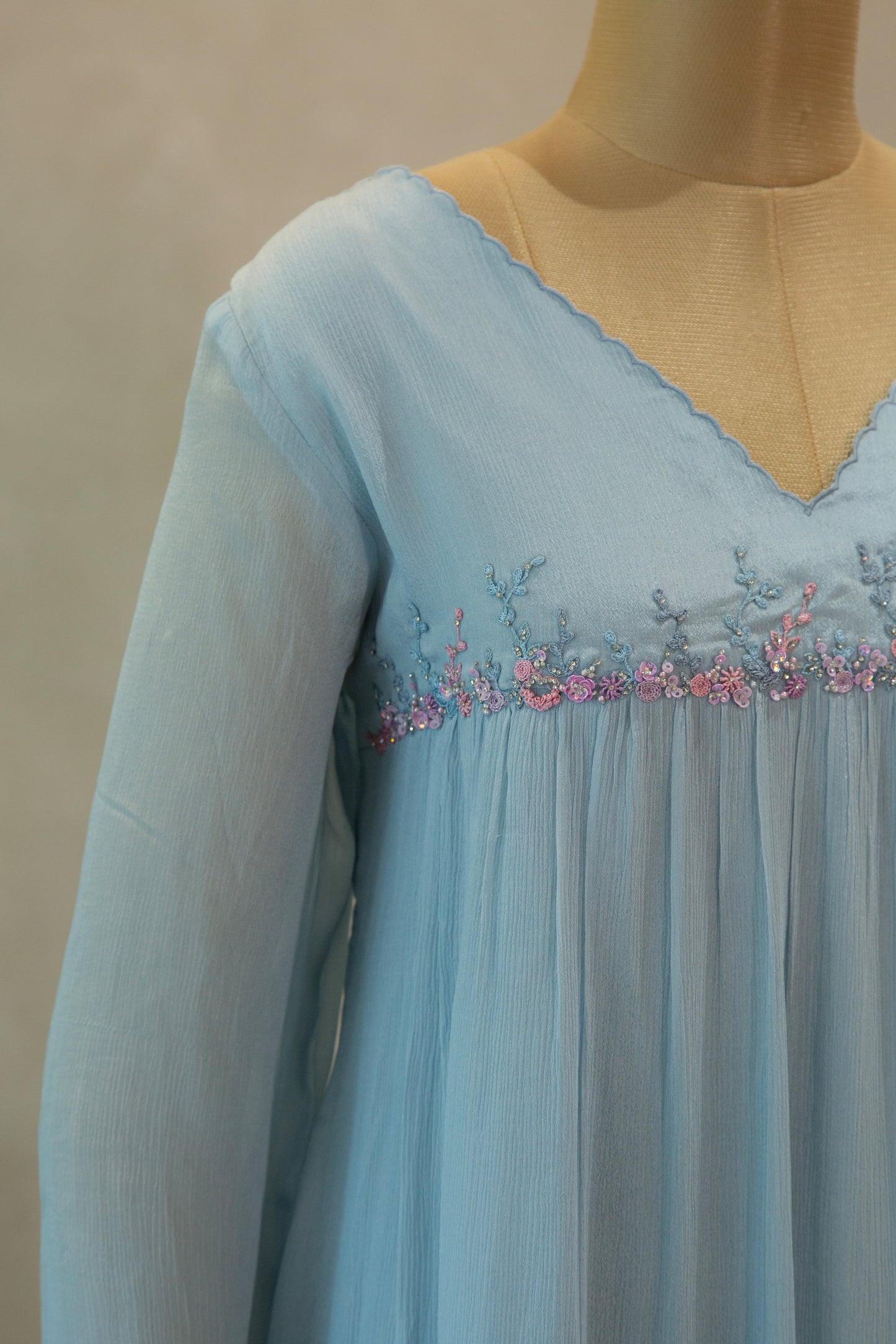 Powder Blue V- Neck Embroidered Frock