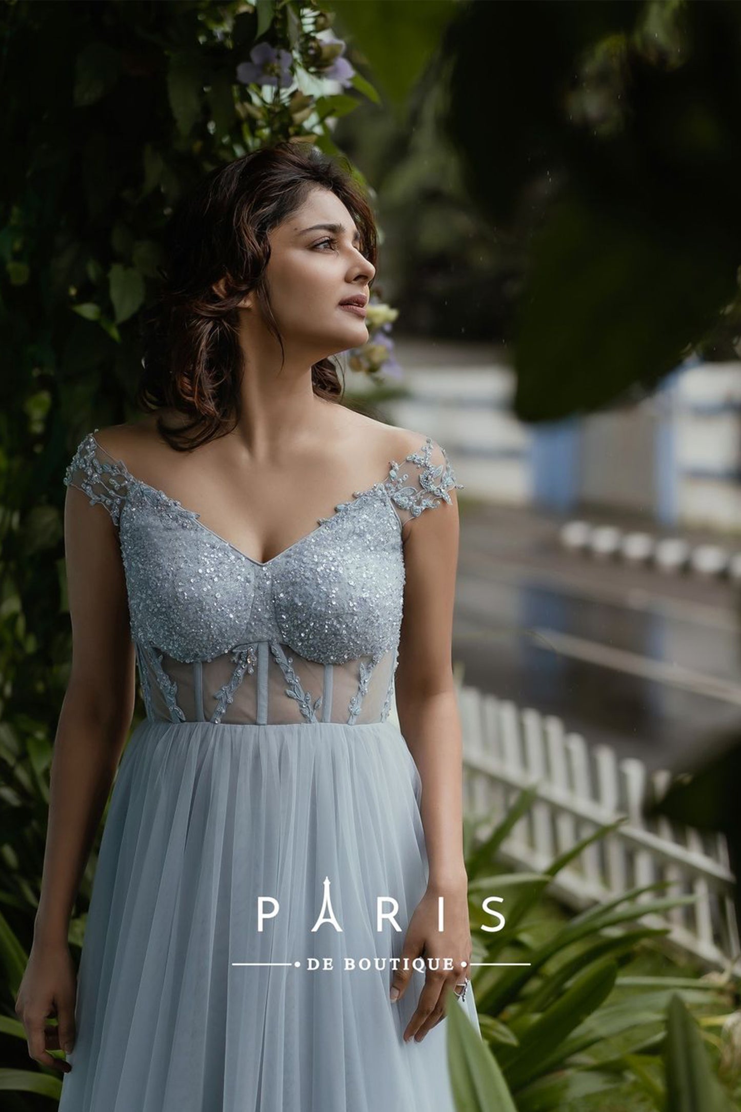 Paris blue corset gown off-shoulder cap sleeve