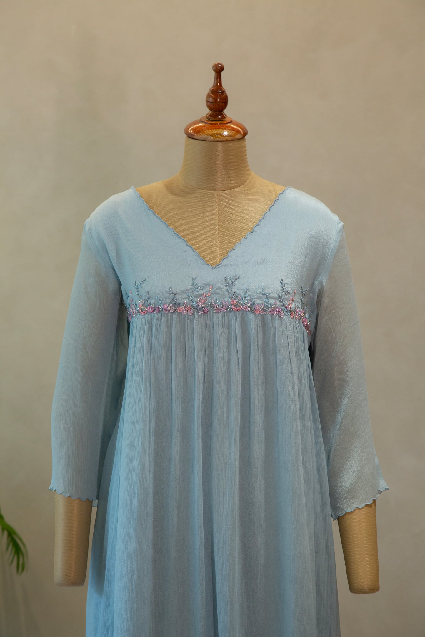 Powder Blue V- Neck Embroidered Frock