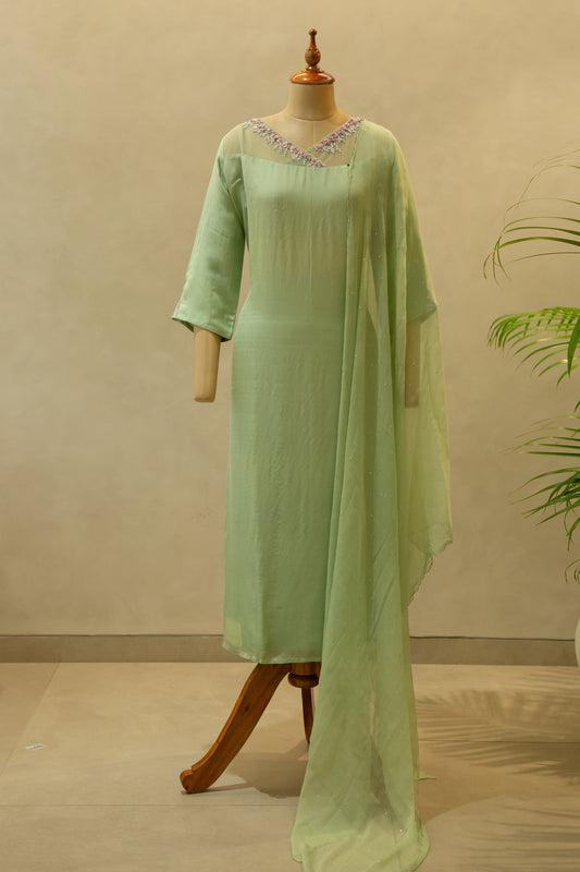 Pista Green Hand Embroidered Semi- Stitched Salwar Set