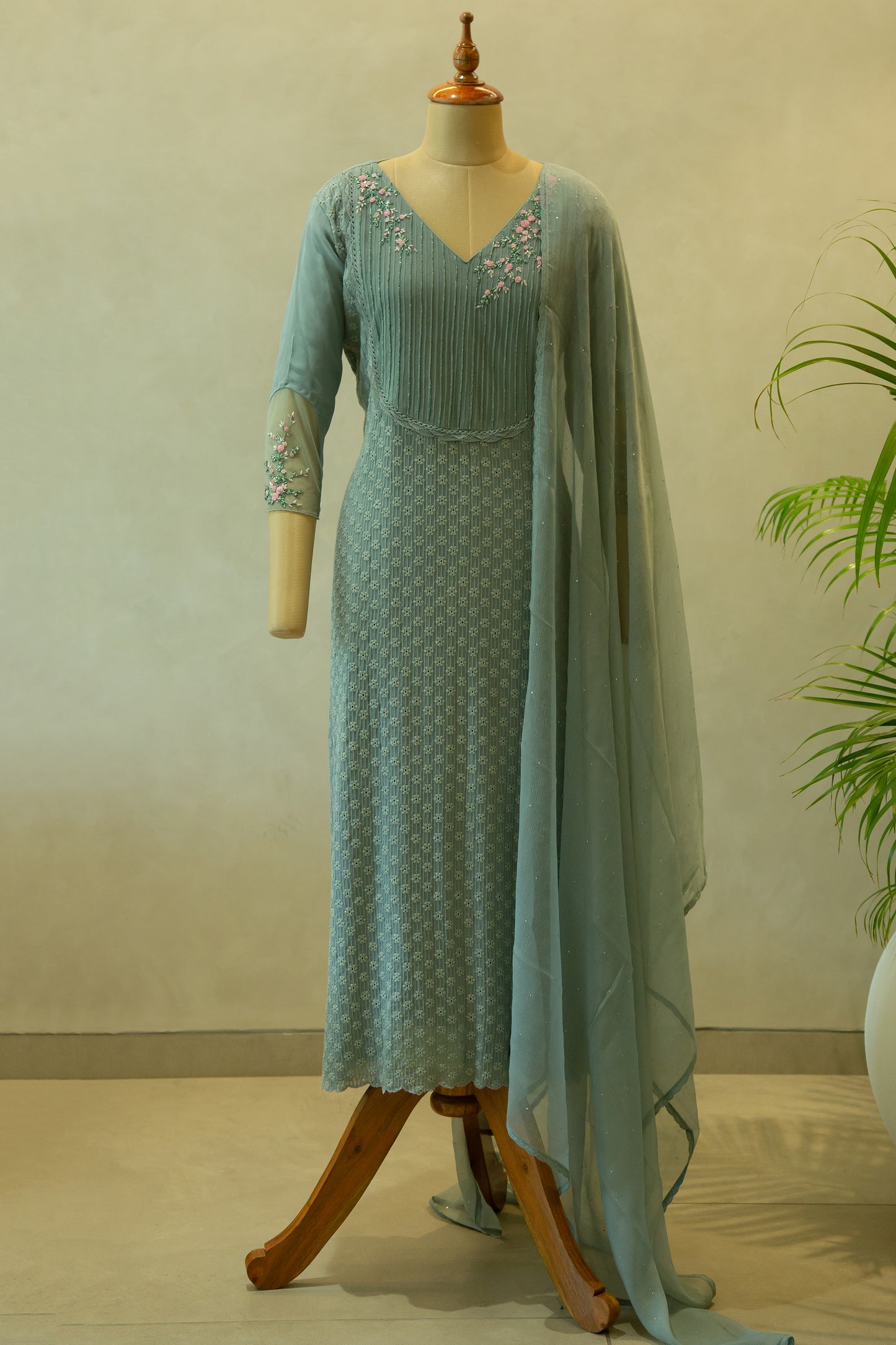 Greyish Blue Hand Embroidered Semi- Stitched Salwar Set