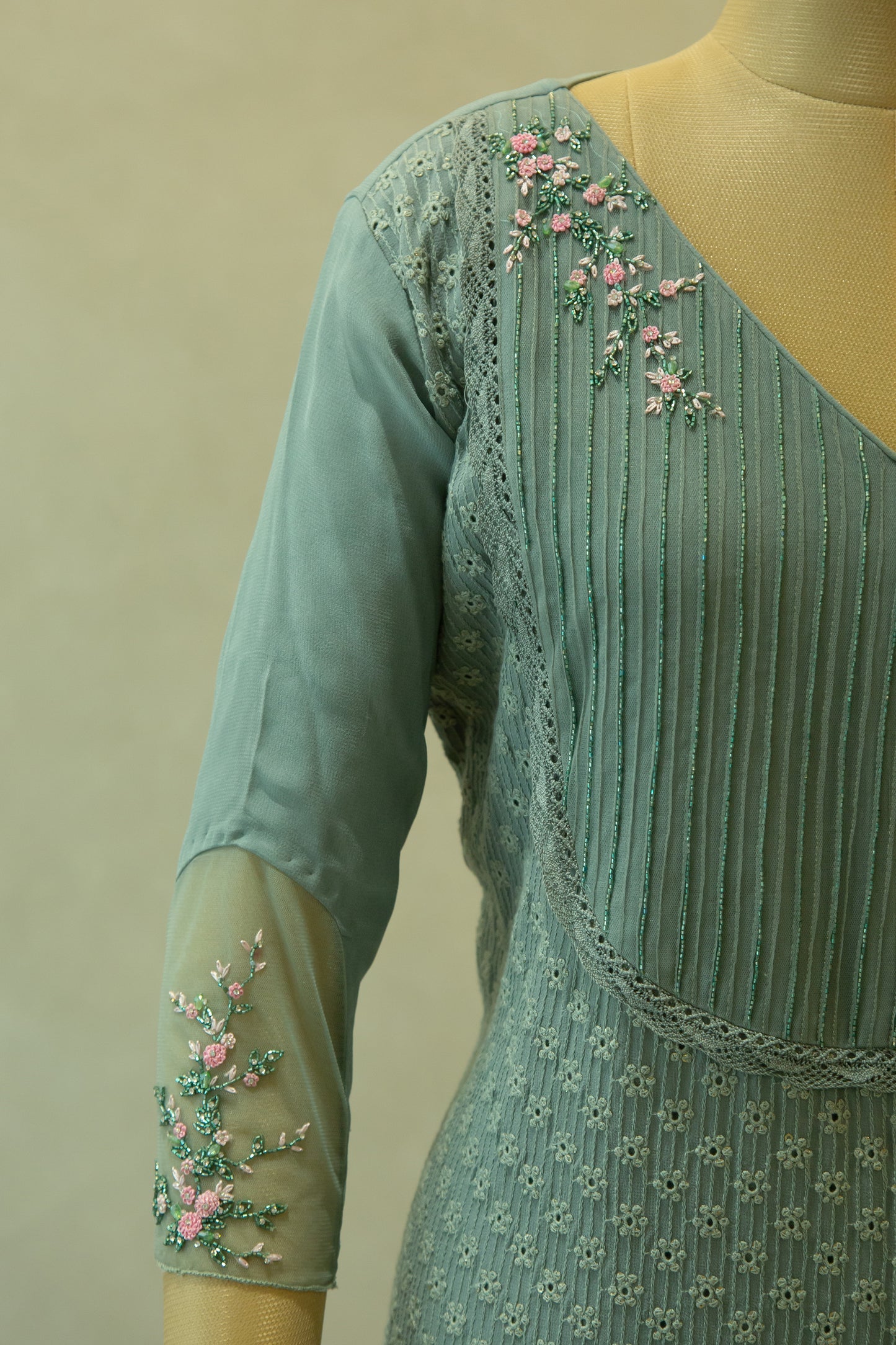 Greyish Blue Hand Embroidered Semi- Stitched Salwar Set