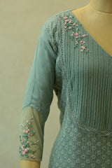 Greyish Blue Hand Embroidered Semi- Stitched Salwar Set